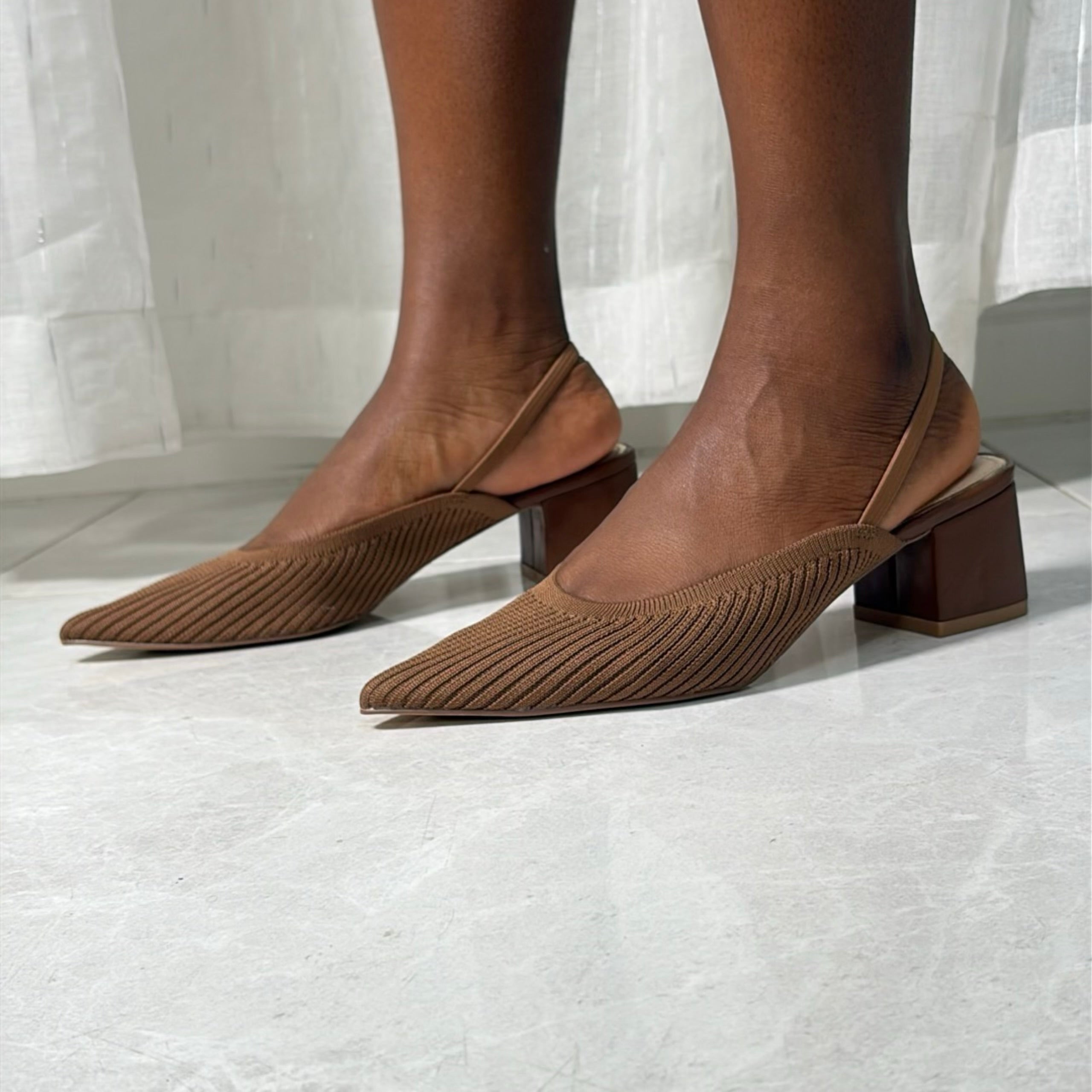 Milano Elastic Slingback Block Heel Shoes in Brown