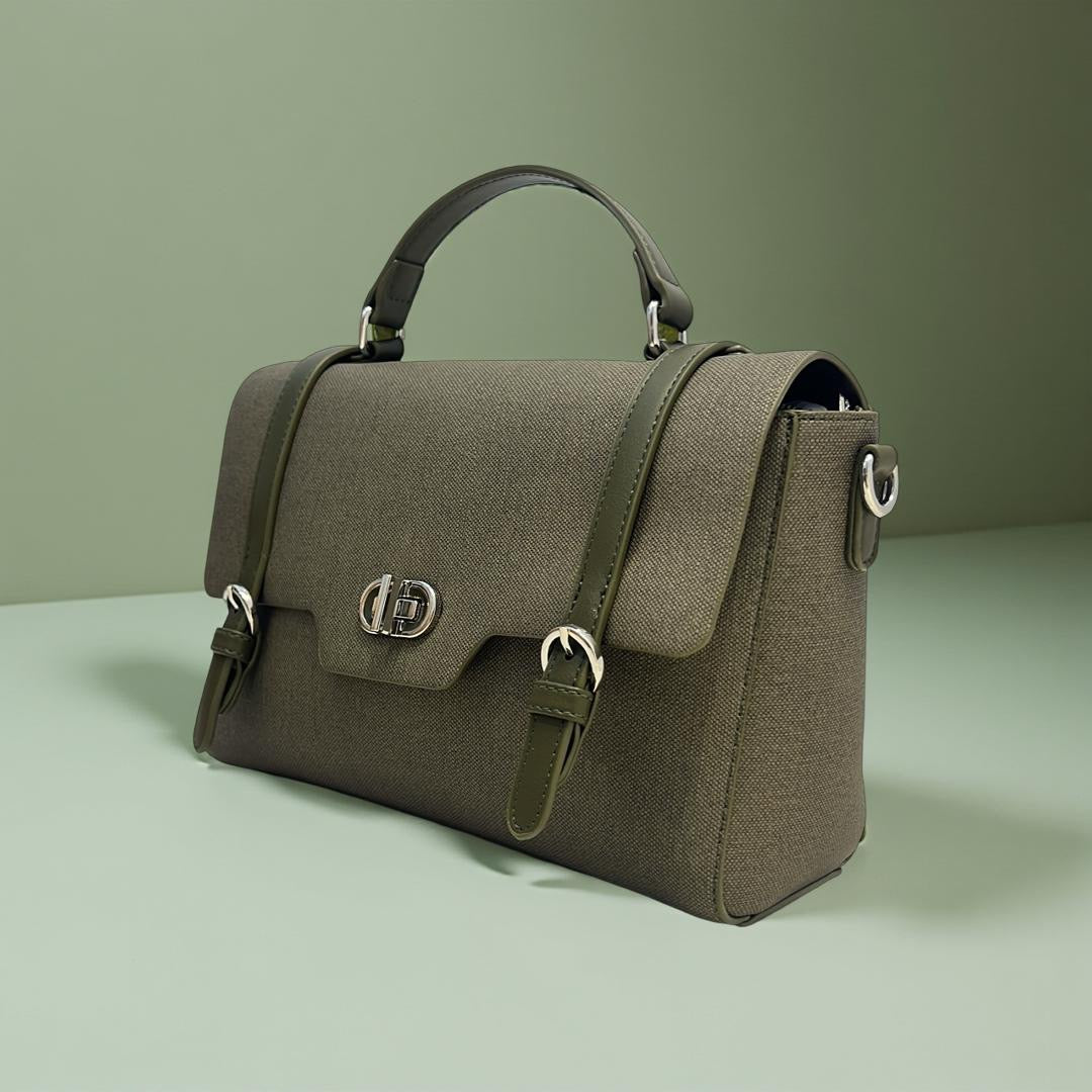 Bagco Leather Strap Top Handle Satchel With Twist-Knob in Army Green