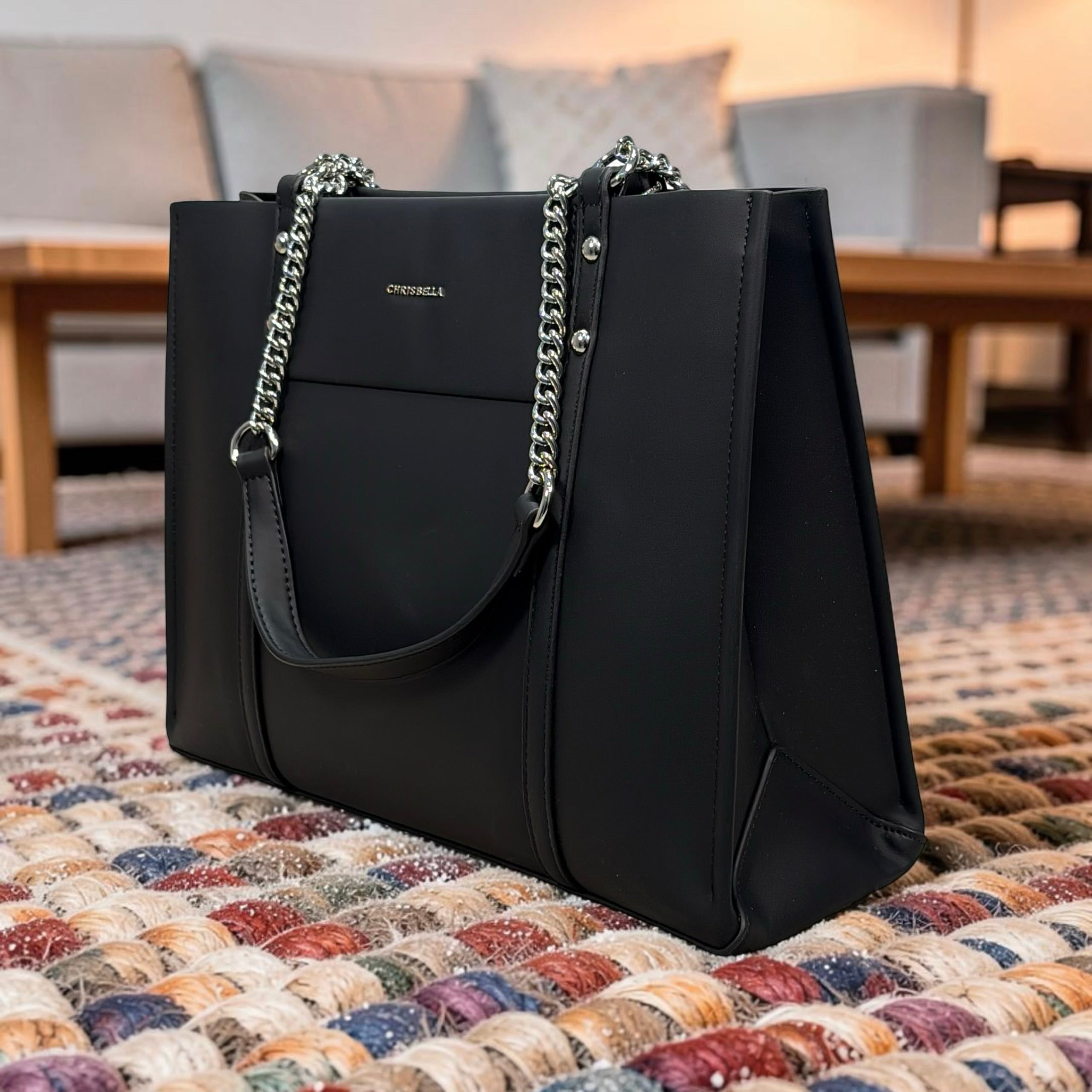 Chrisbella Two-Tone Chain Handle Bag in Black