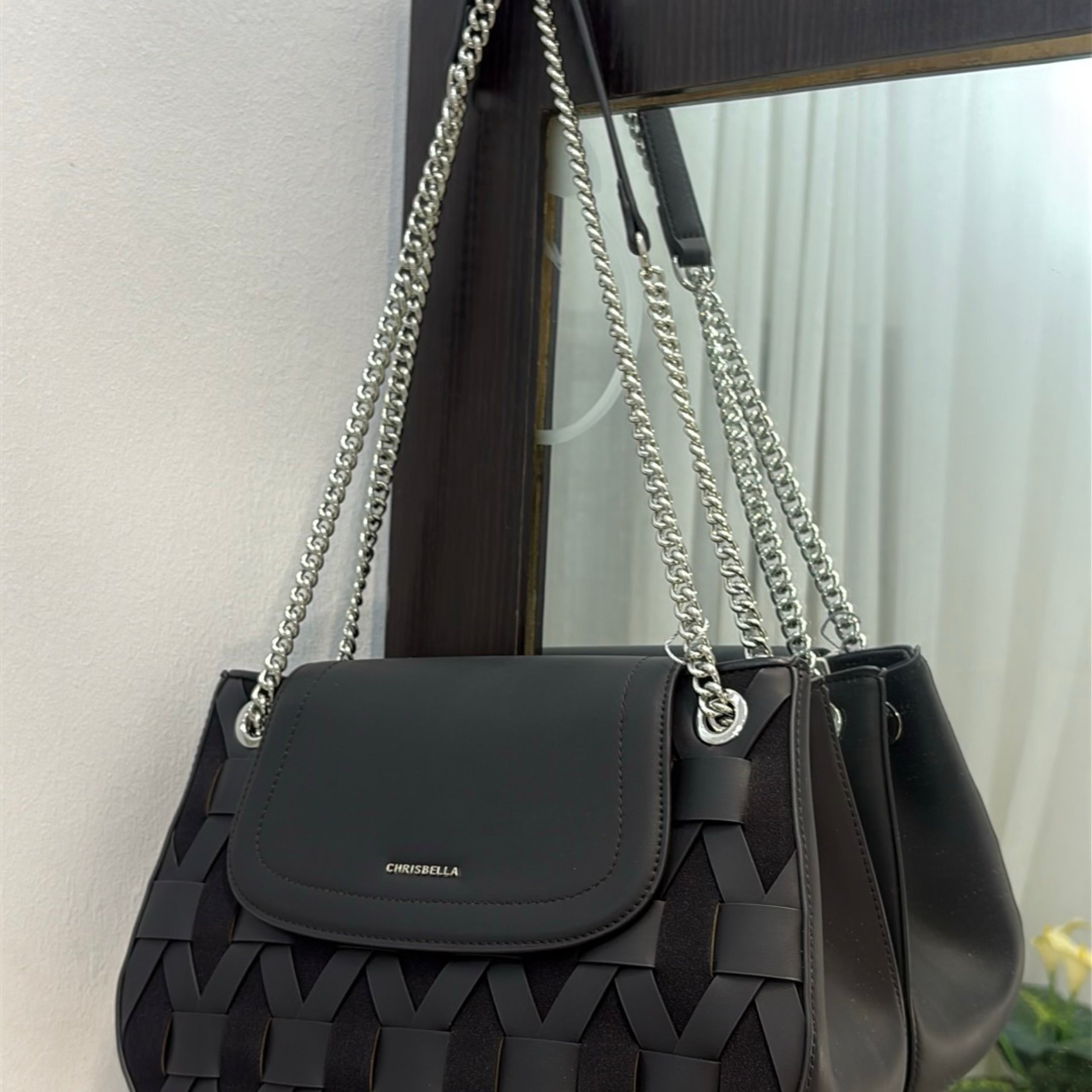 Chrisbella Woven Detail Chain Handle Sling bag in Black