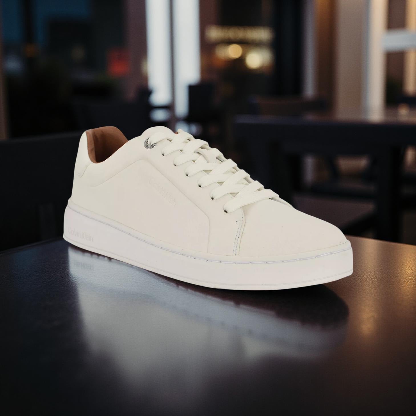 Calvin Klein Unisex Flat Sole Classic Leather Sneakers in White