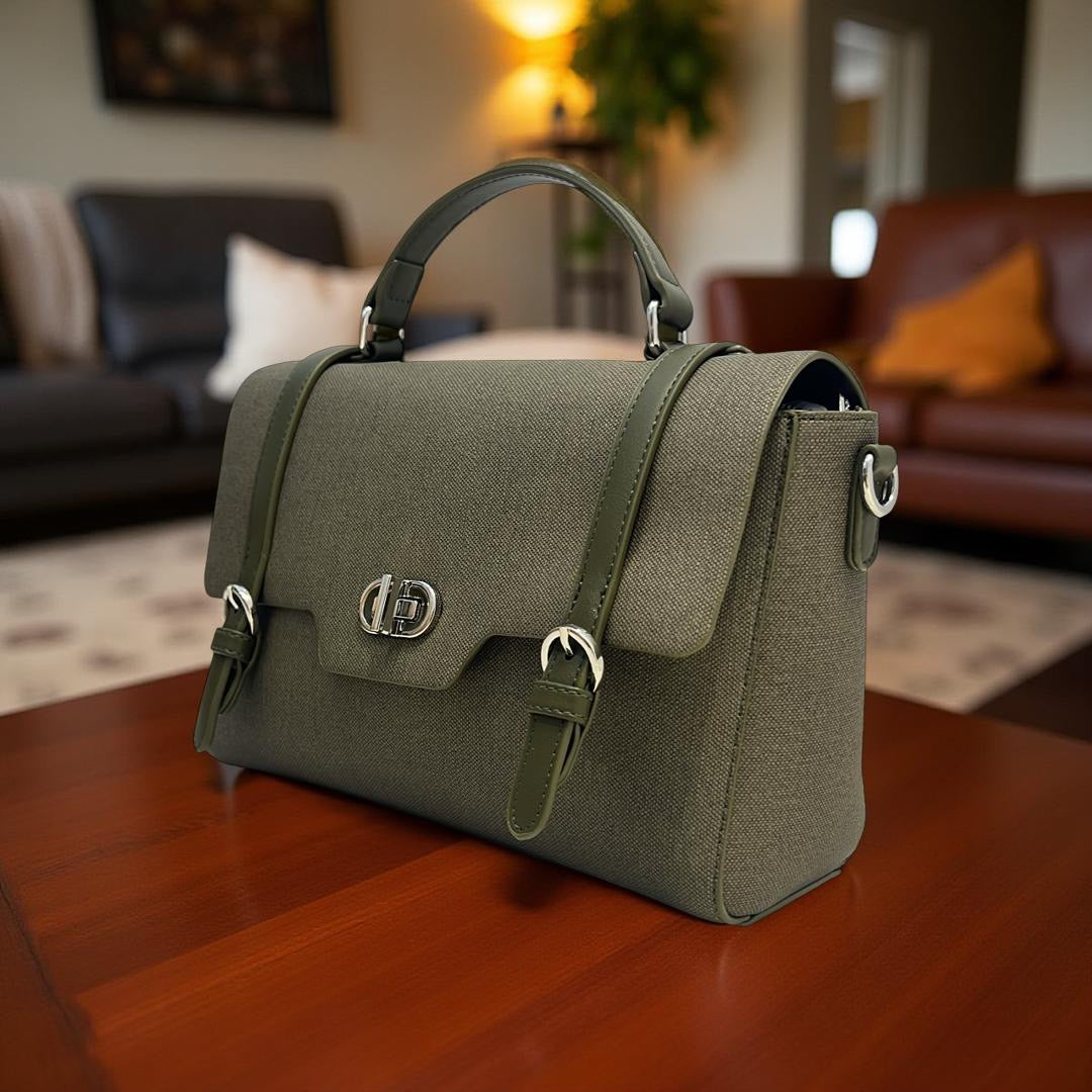 Bagco Leather Strap Top Handle Satchel With Twist-Knob in Army Green