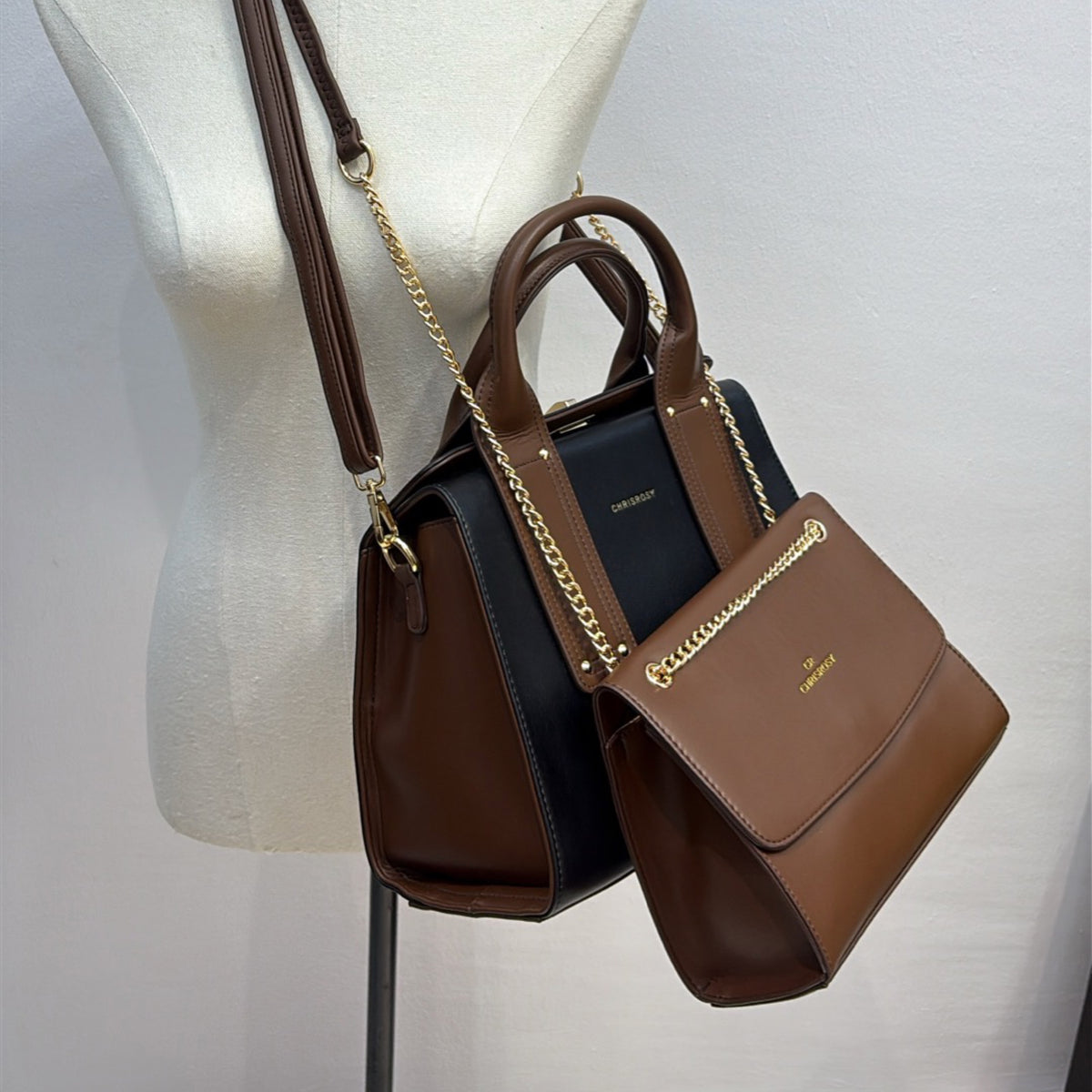 Chrisrosy 2-in-1  Structured Double Handle Bag in Black/Brown