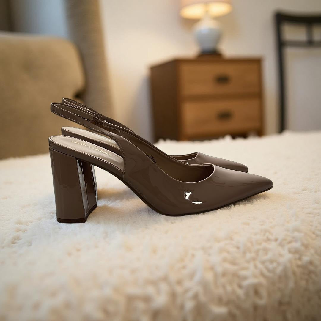 Calvin Klein Patent Leather Pointed Toe Block Heel Slingbacks in Nude