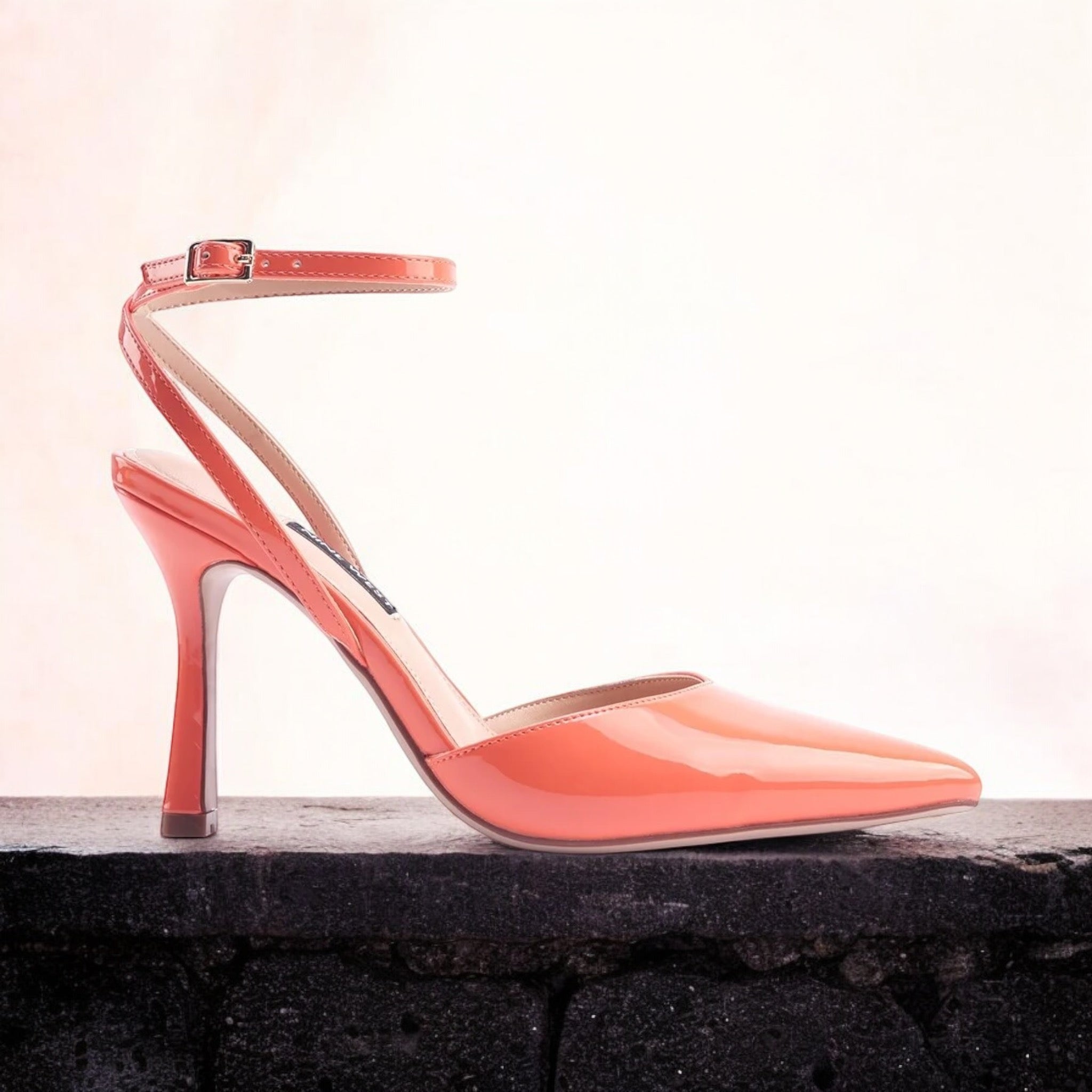 NINE WEST POINTED PATENT LEATHER TOE ANKLE WRAP HEELS IN ORANGE