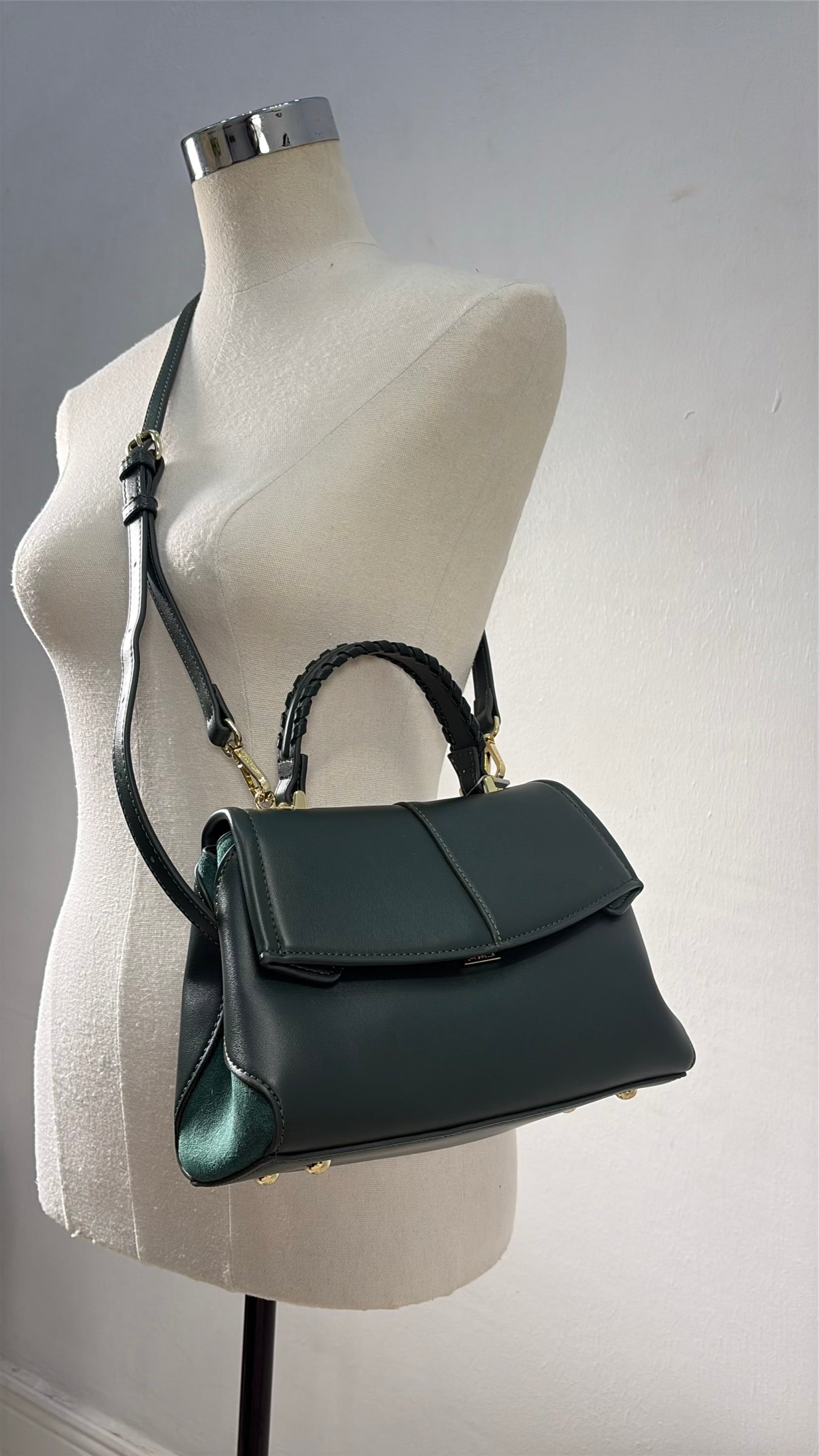 Chrisbella Suede Contrast Top Handle Bag in Green
