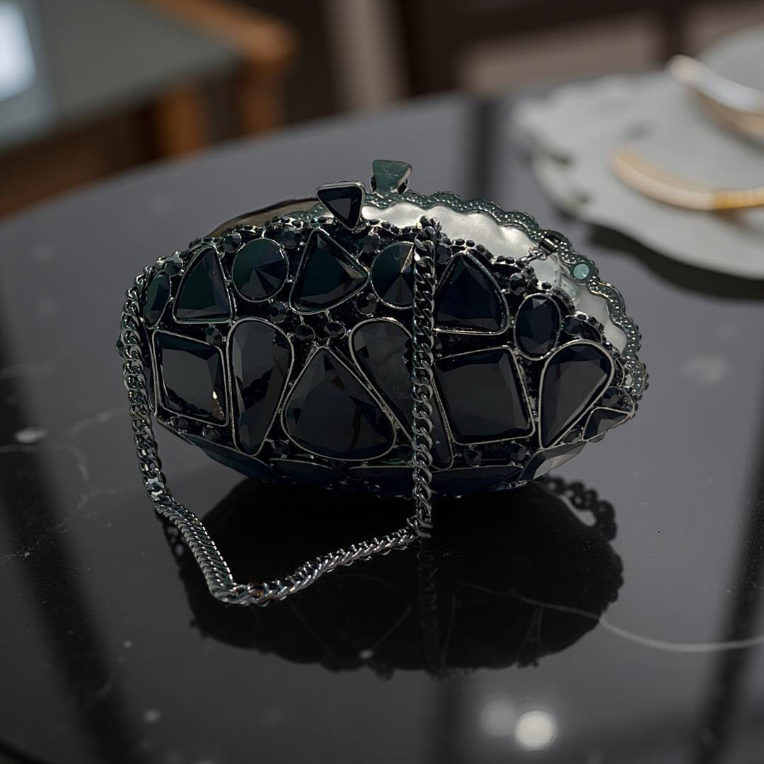 Valencia Structured Clutch Party Purse with Stones in Black