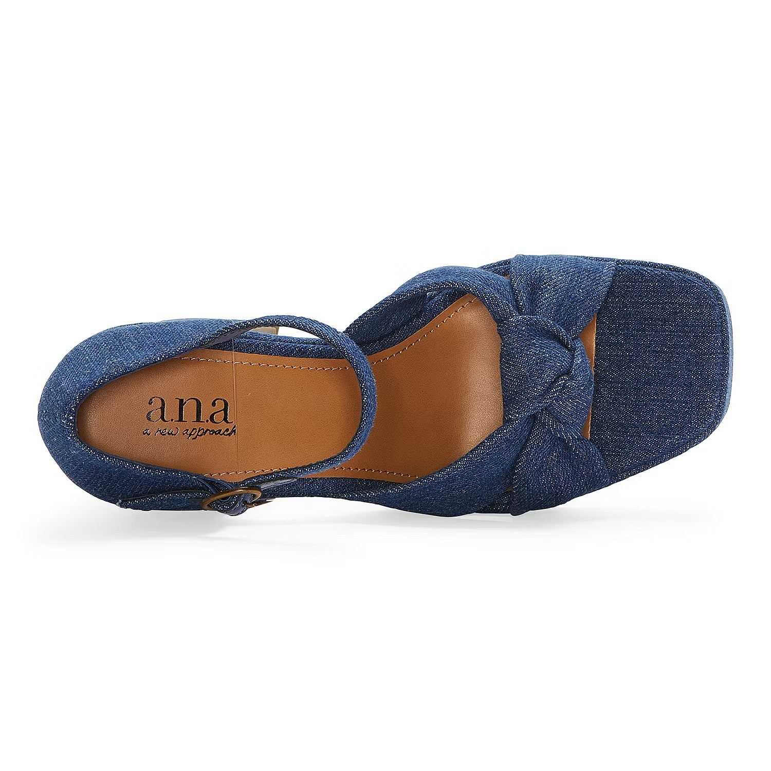 A.N.A KNOT BLOCK HEEL DENIM SANDAL IN BLUE