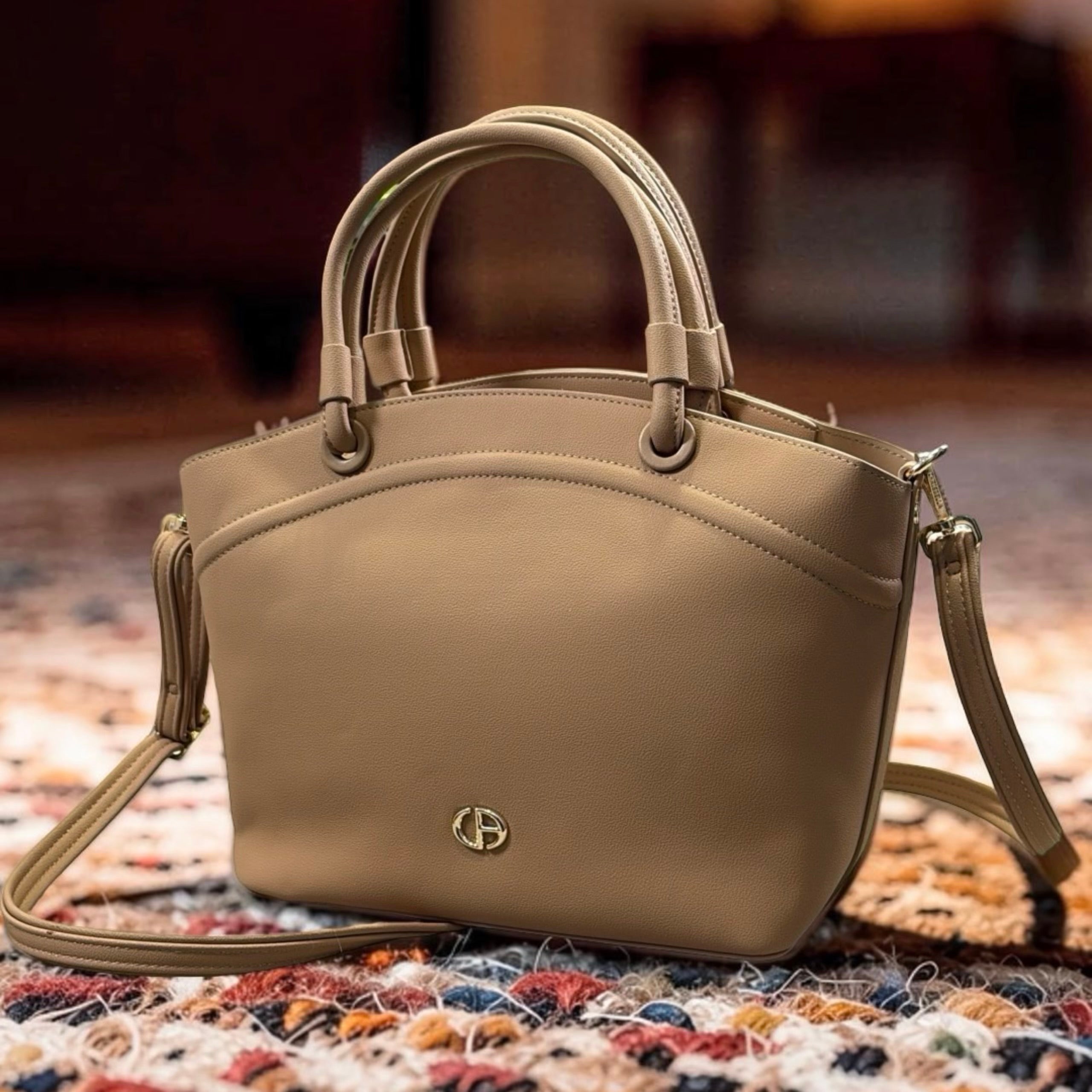 Chrisbella Triple Compartment Double Handle Bag in Beige
