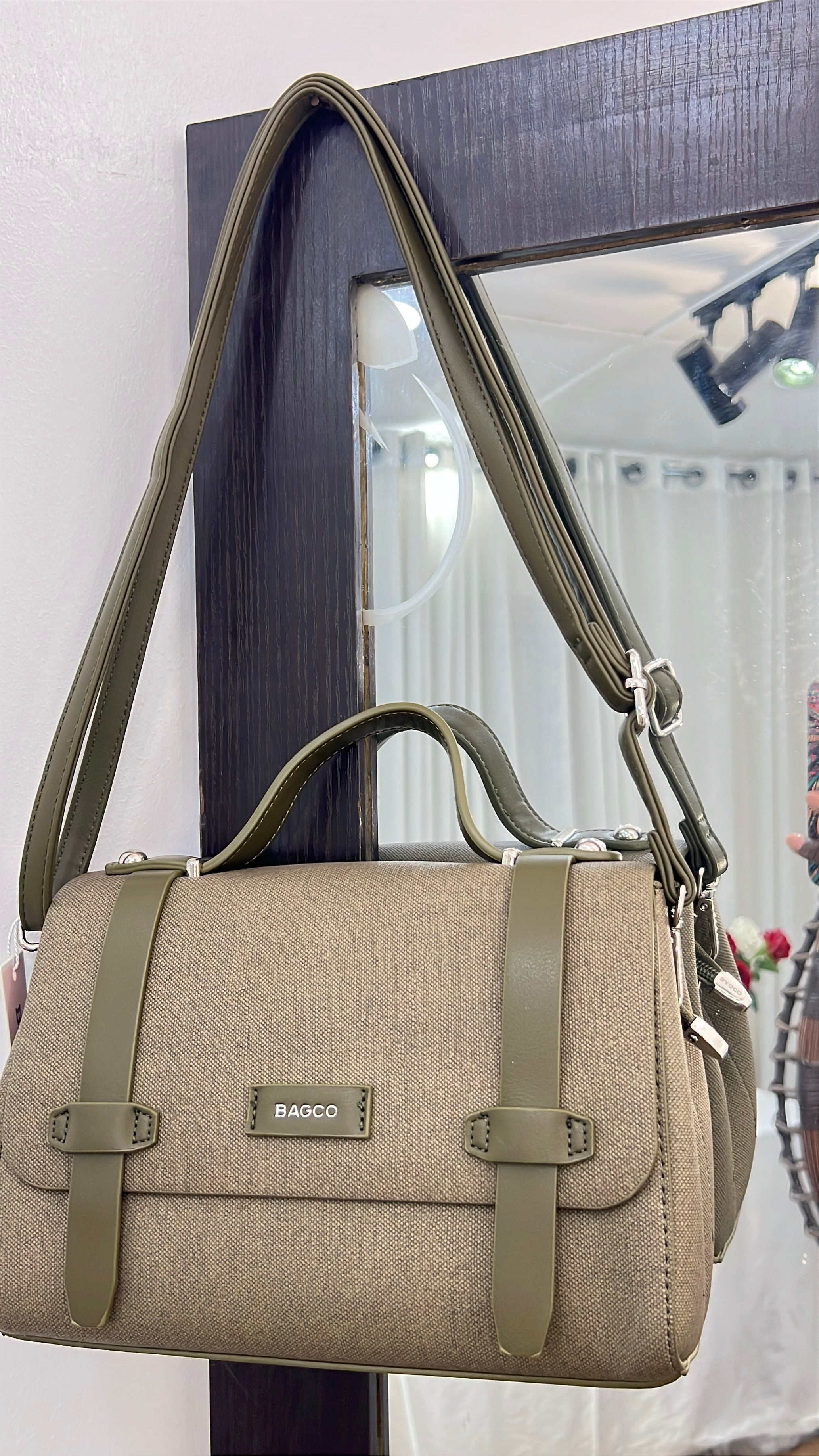 Bagco Leather Strap Top Handle Satchel in Army Green