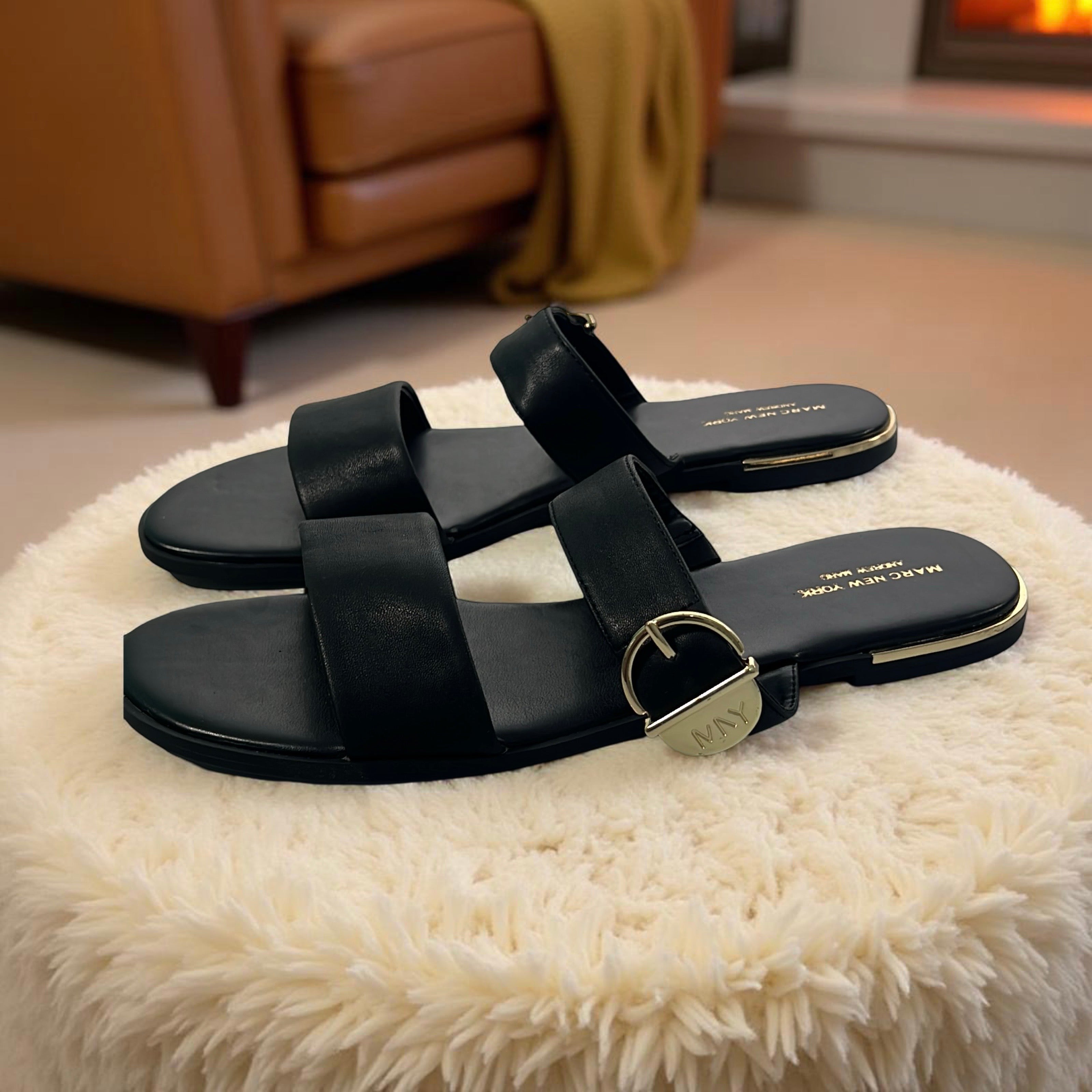Andrew Marc Double Strap Buckle Detail Slippers in Black