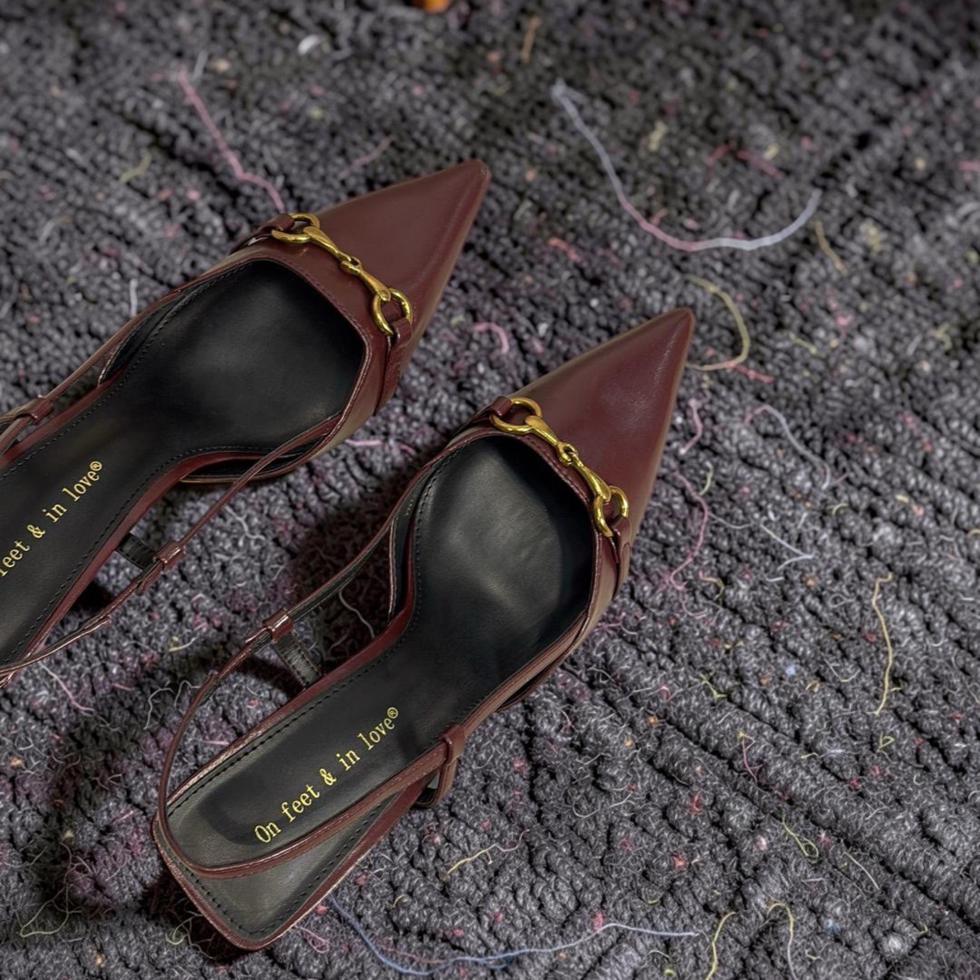 On Feet & In Love Bell Detail Pointed Toe Slingback Heels in Wine
