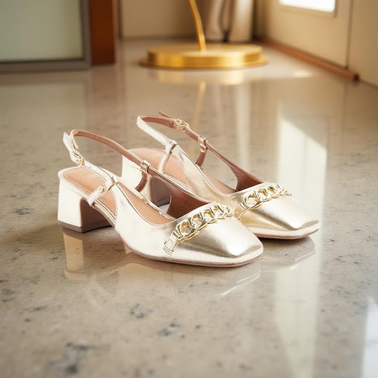 River Island Metallic Block Heel Shoes in Gold