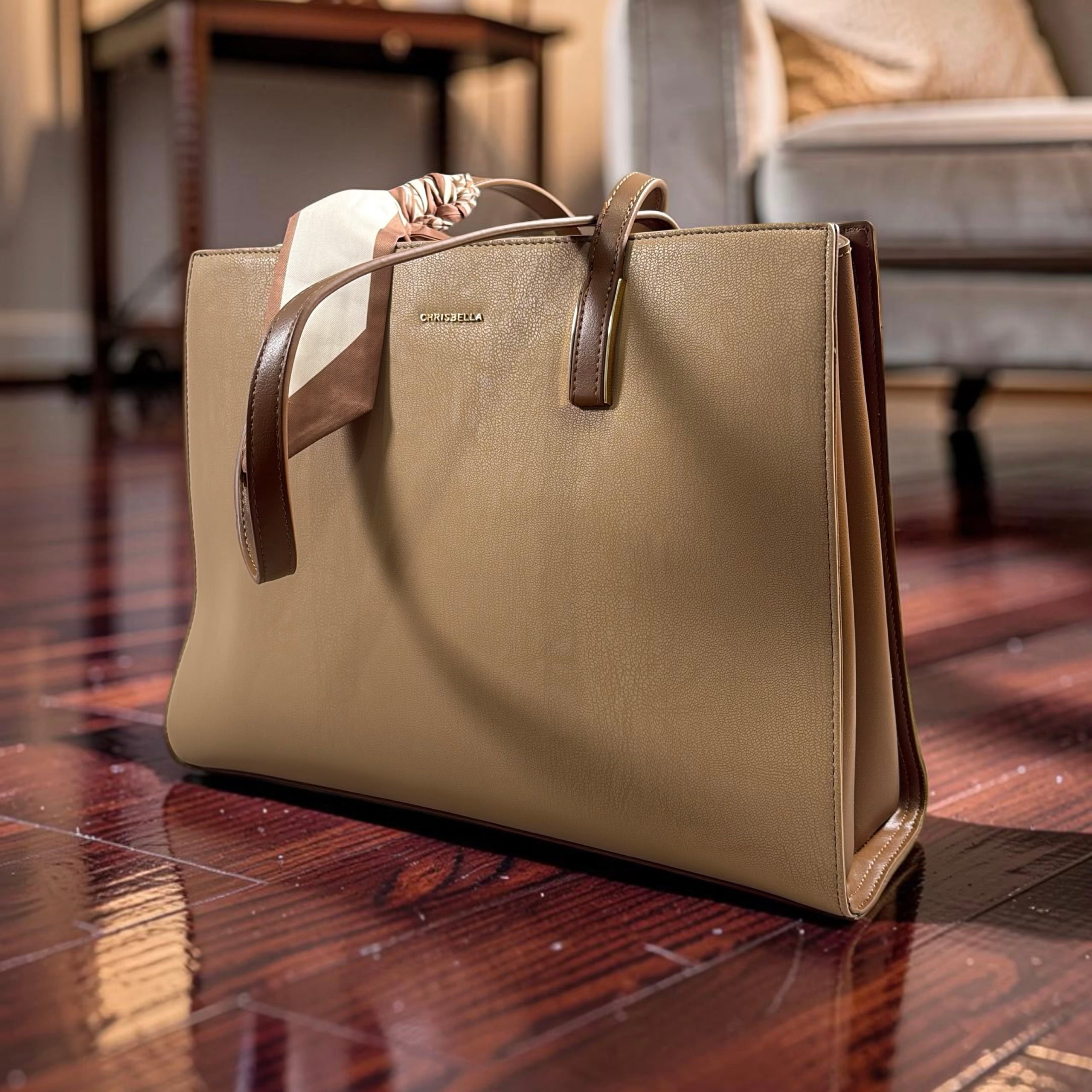 Chrisbella Scarf Detail Shoulder Tote in Beige