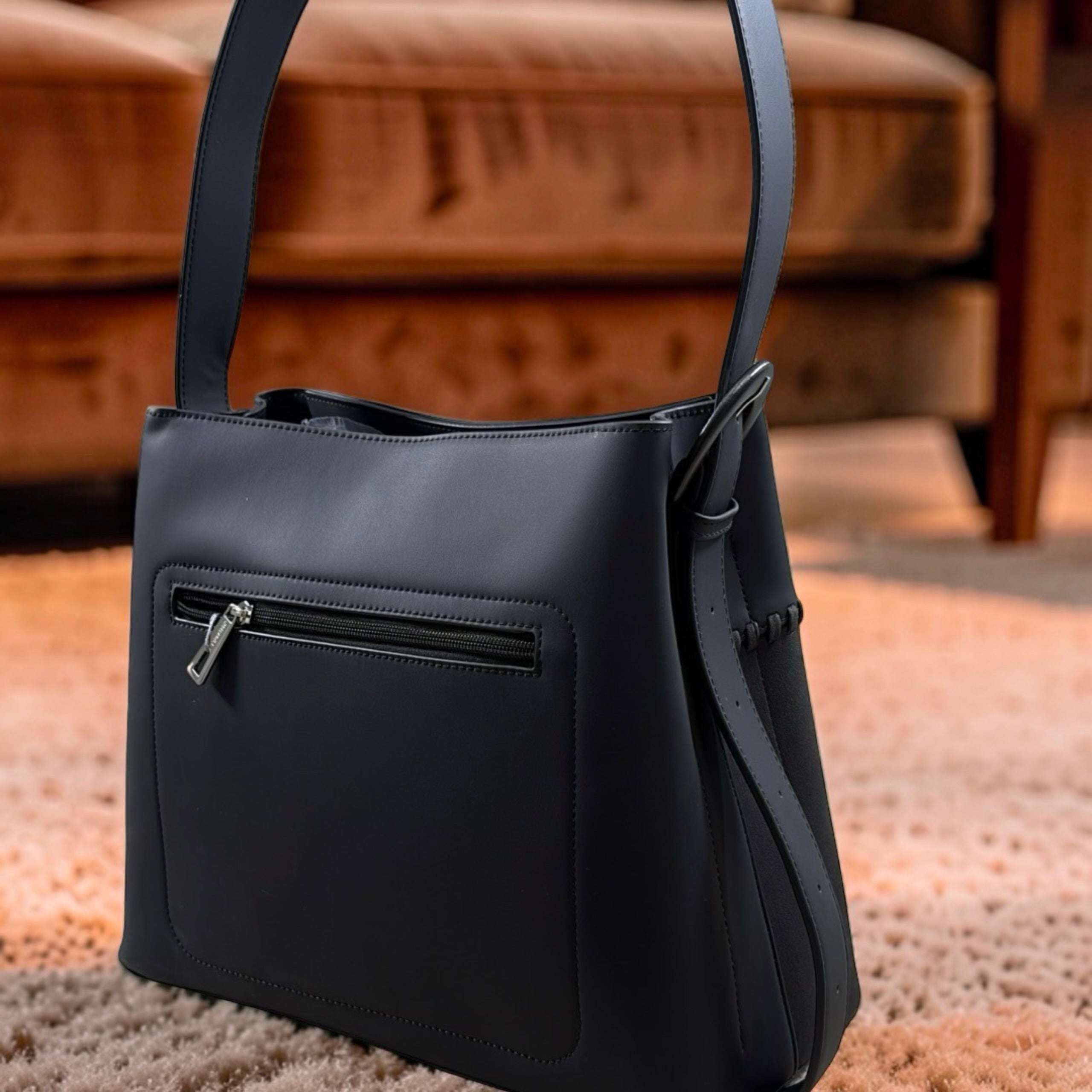 Chrisbella Single Belt Strap Bag Suede Detail Bag in Black