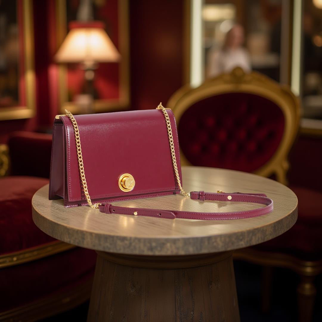 Versse Metallic Turn-Lock Chain Crossbody Bag in Maroon