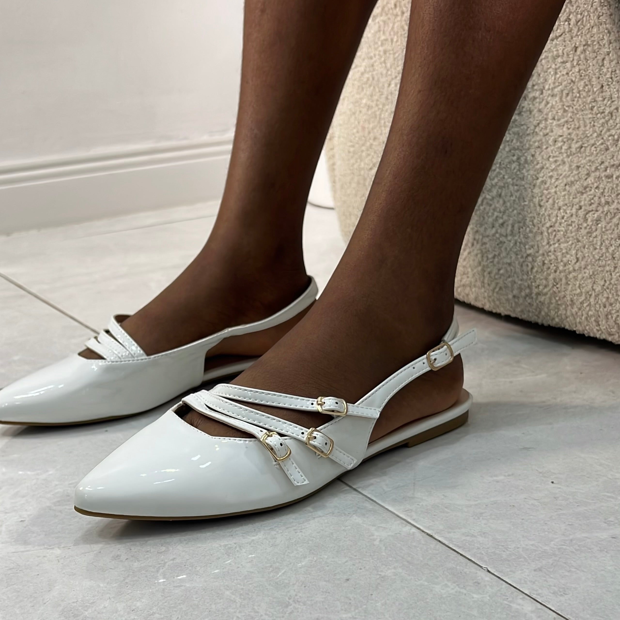 Gentle Patent Leather Slingback Flats in White