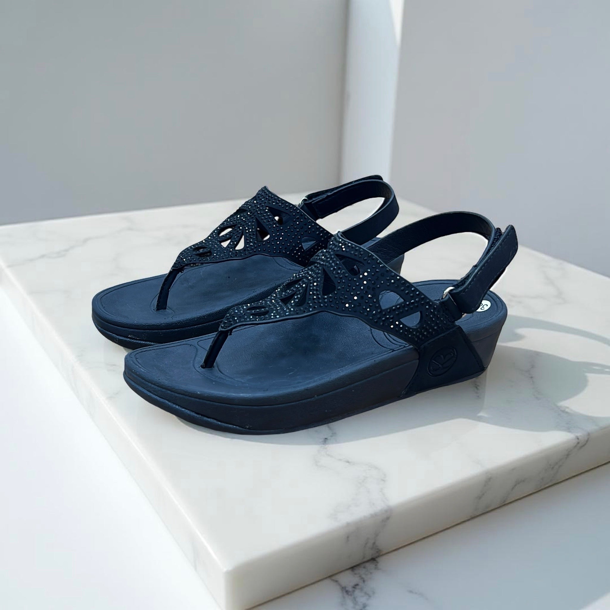 Step & Shape Embellished Strap Sandals In Black