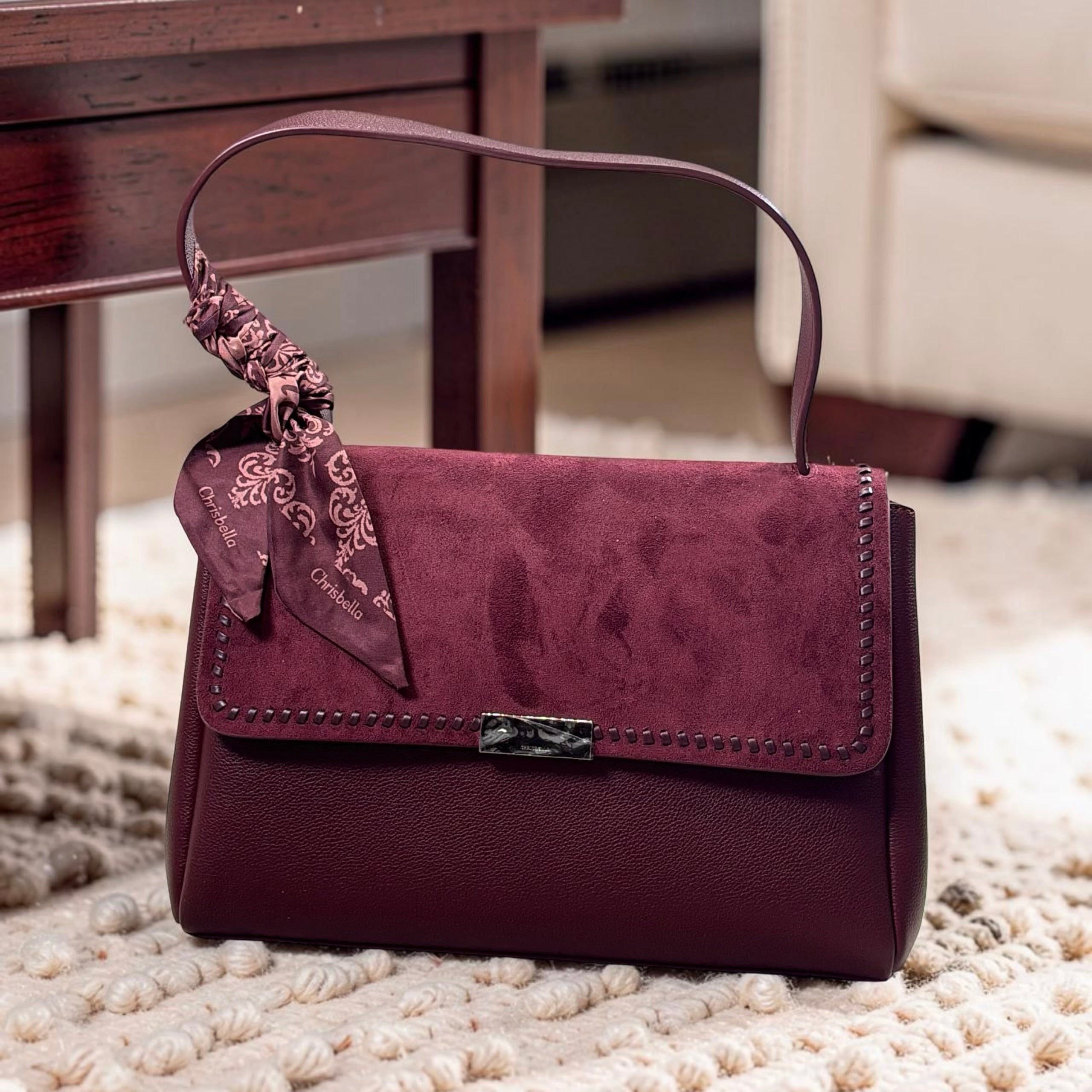Chrisbella Suede Flap Single Shoulder Strap Bag in Burgundy