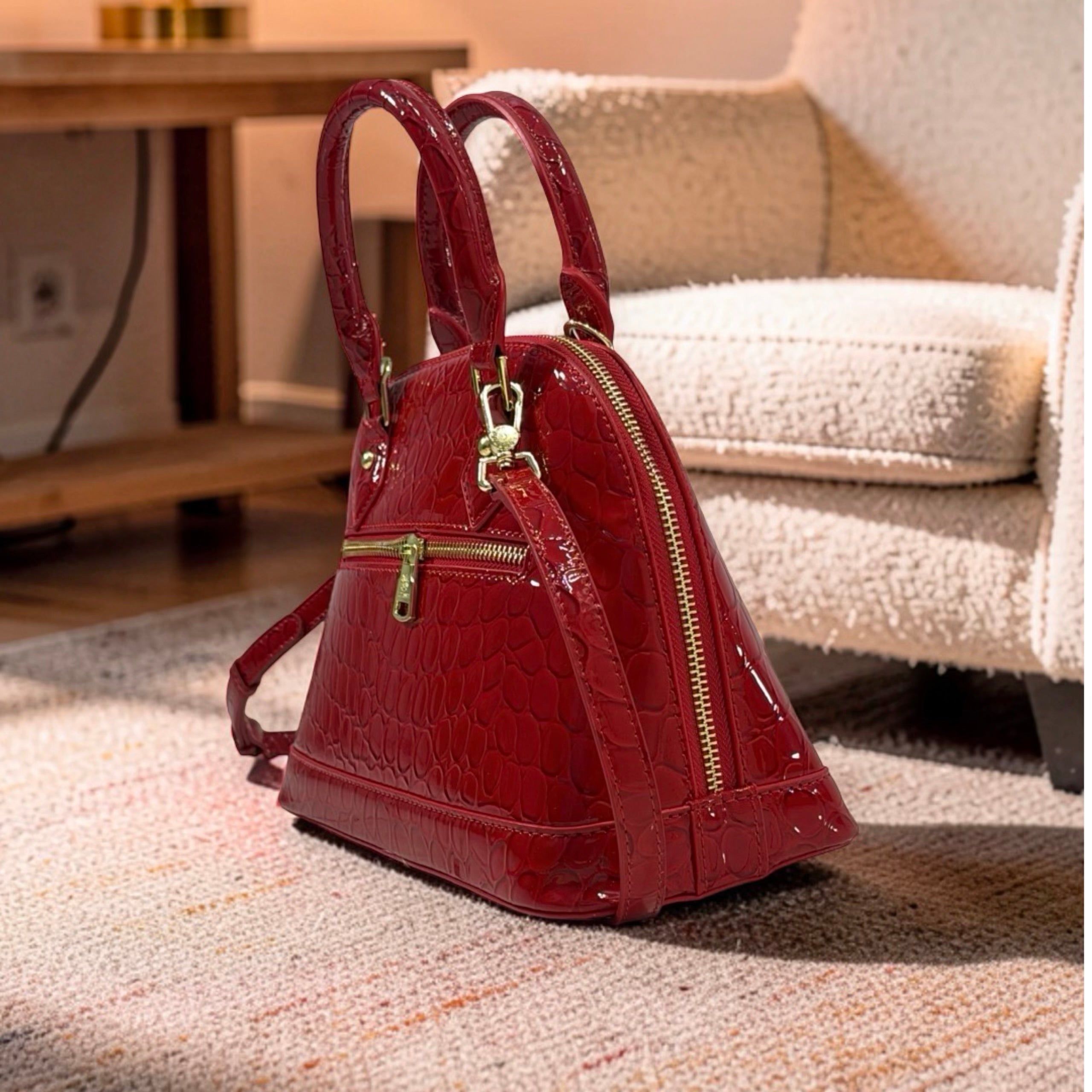Versse Faux Croc Patent Leather Bag in Red