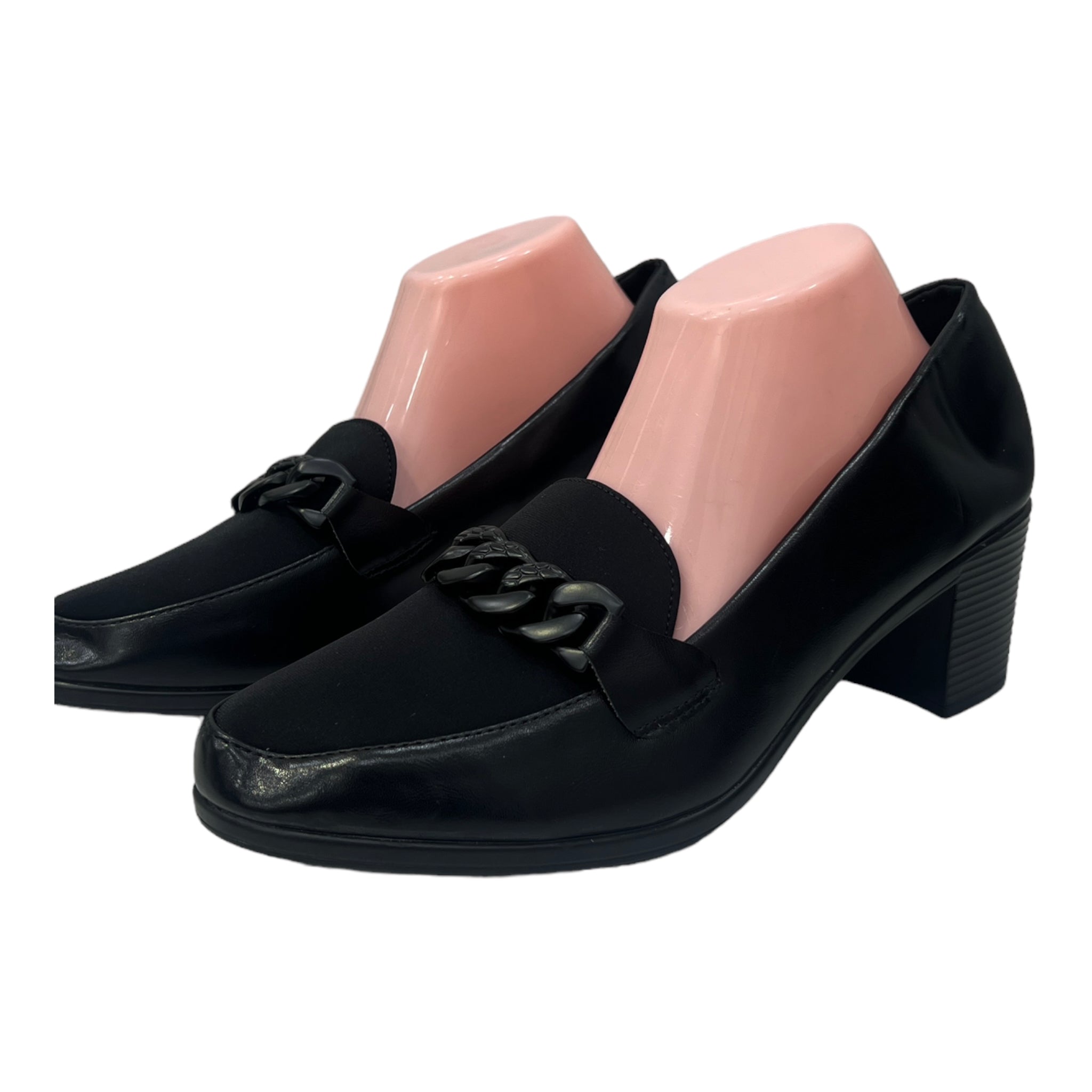 MODA BLACK FAUX CHAIN DETAIL HEELED LOAFERS