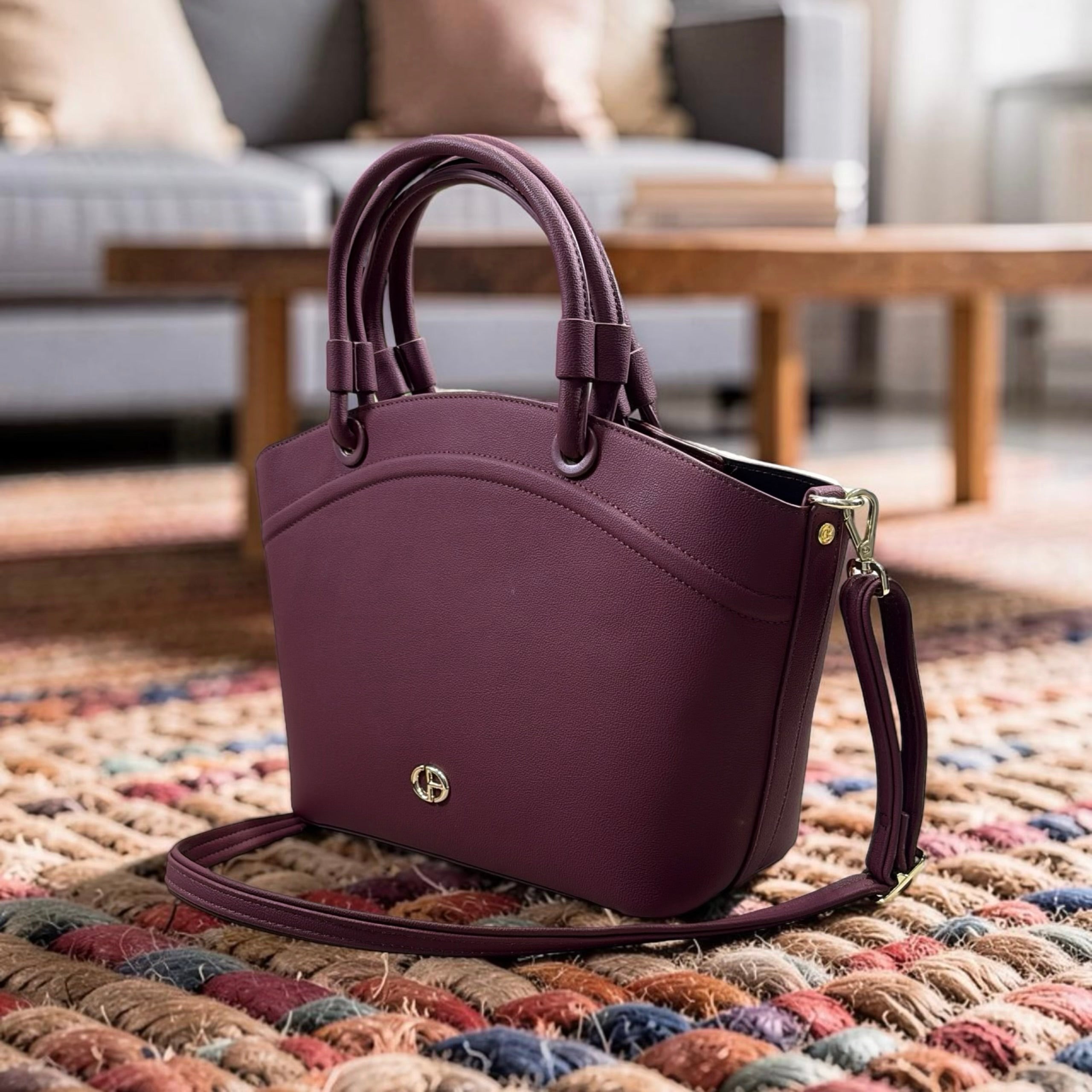 Chrisbella Triple Compartment Double Handle Bag in Burgundy