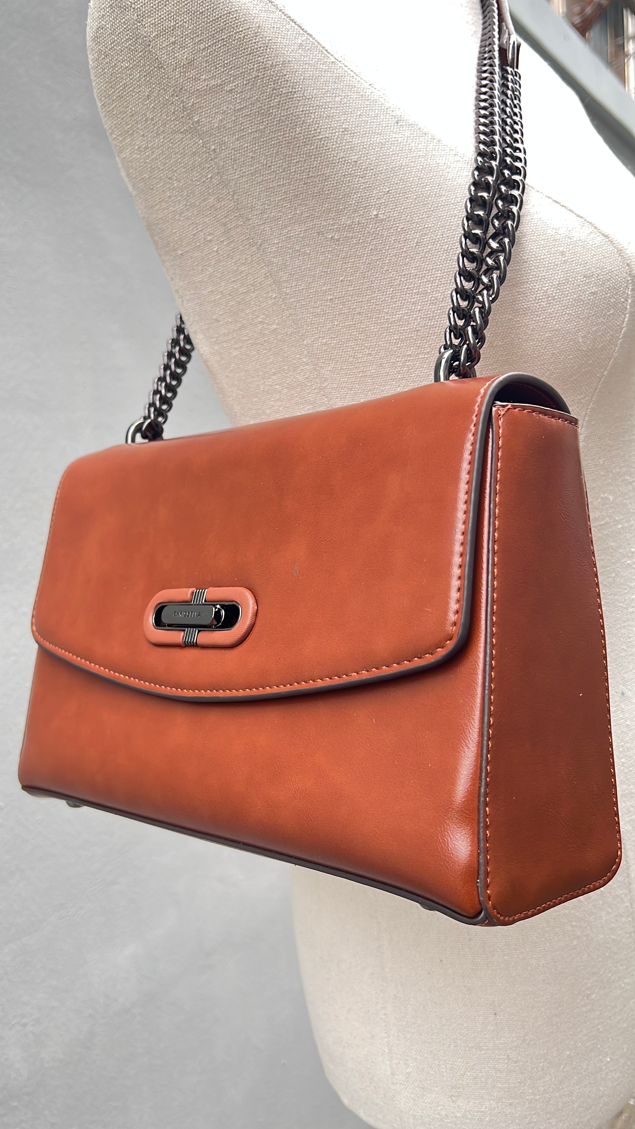 Chrisbella Leather Slide-Knob Sling Bag in Brown