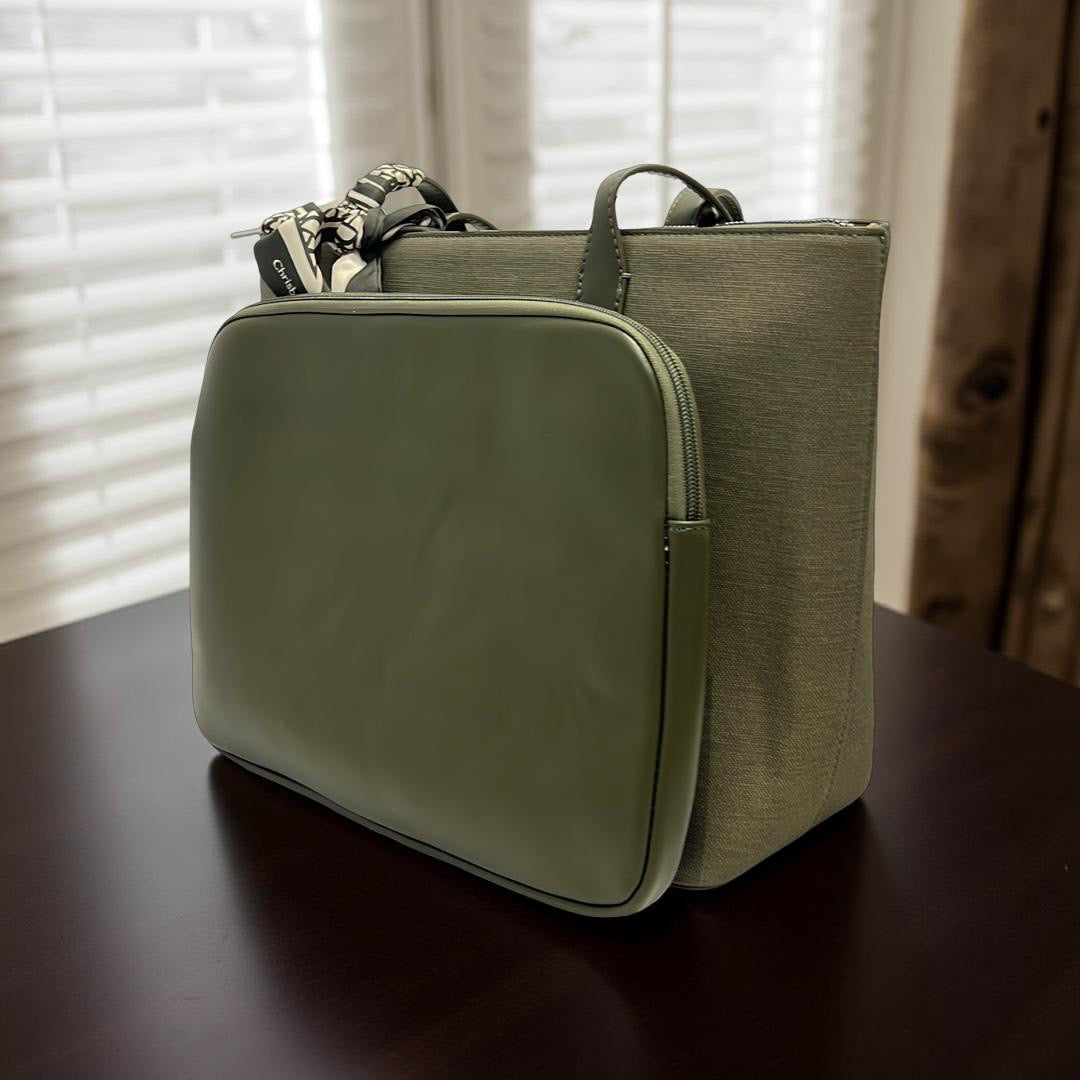 Chrisbella Large Fabric Finish Double Strap Bag in Army Green