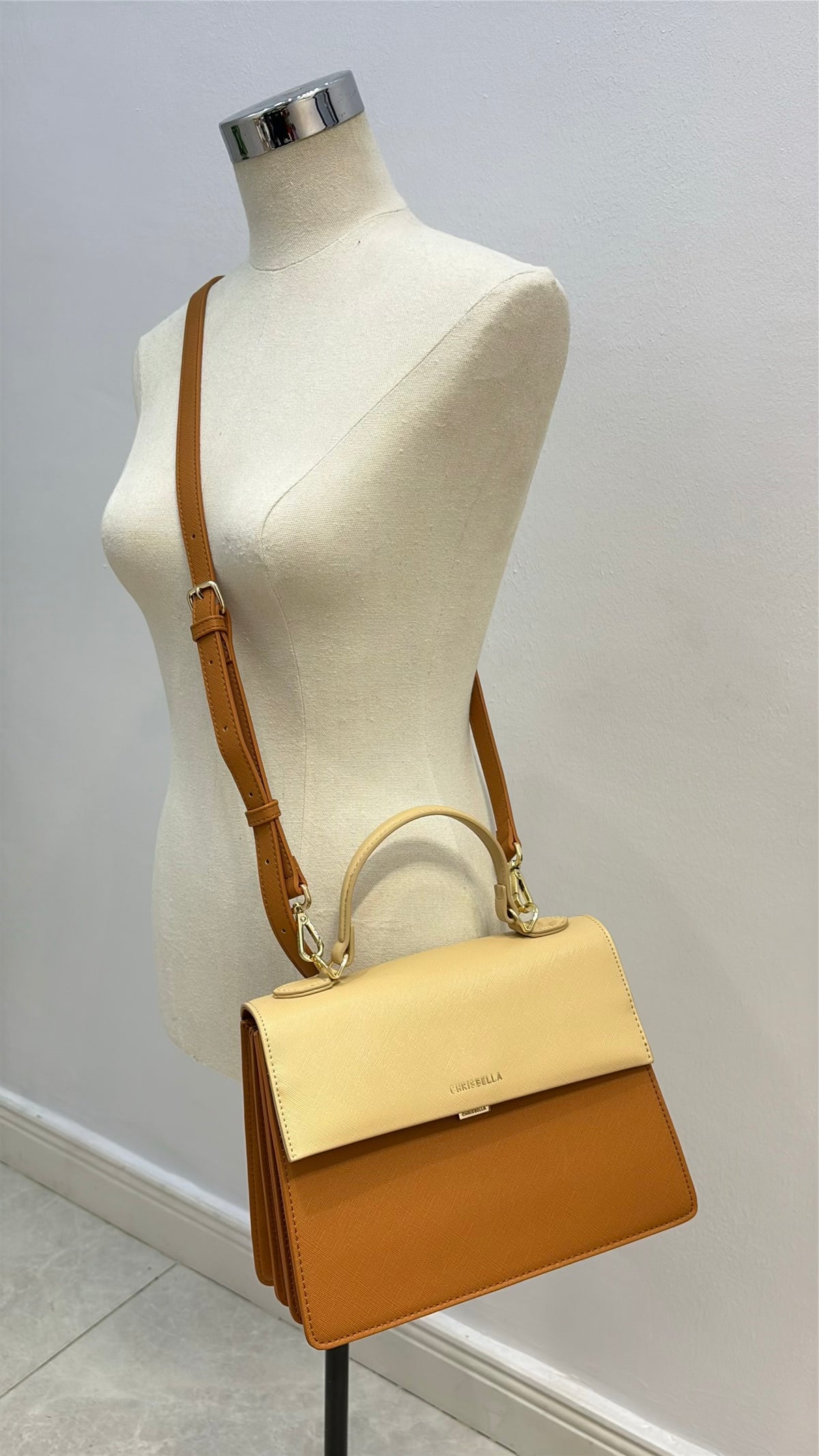 Chrisbella Structured Top Handle Bag in Light Brown Mix