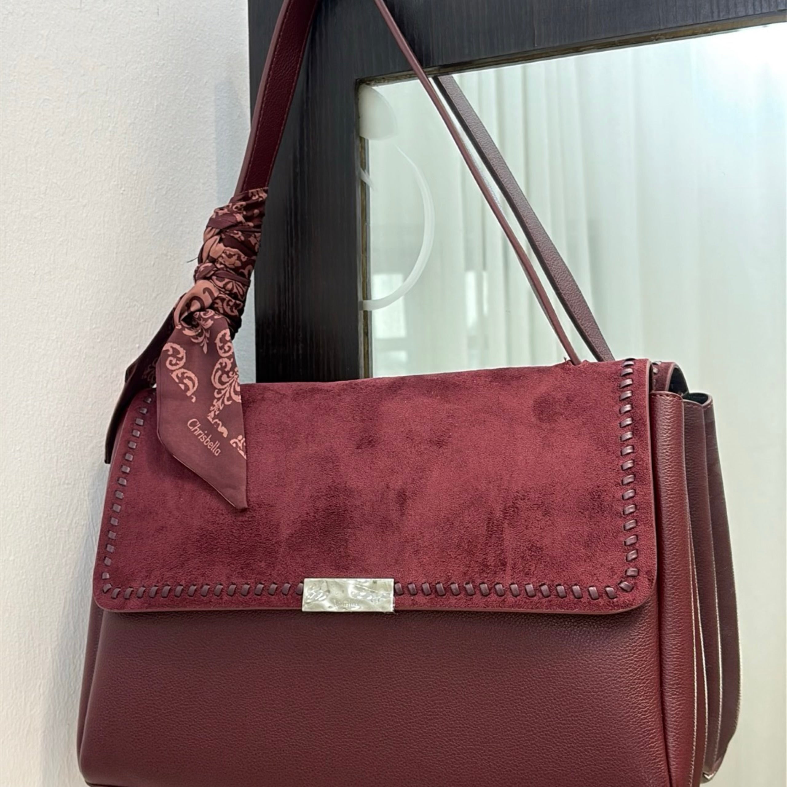 Chrisbella Suede Flap Single Shoulder Strap Bag in Burgundy