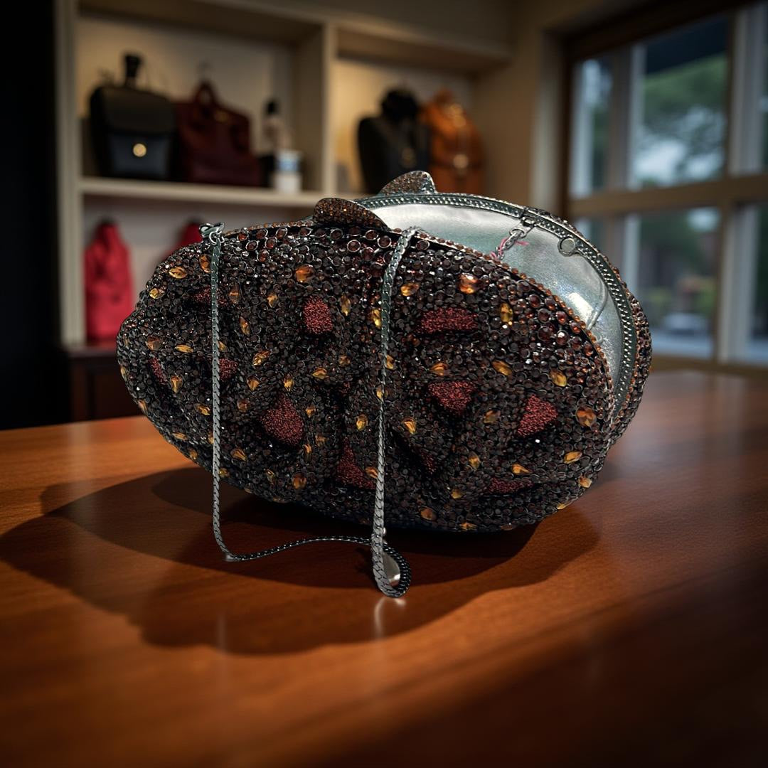 Seoul Spiral Detail Design Clutch Party Purse with Stones in Espresso