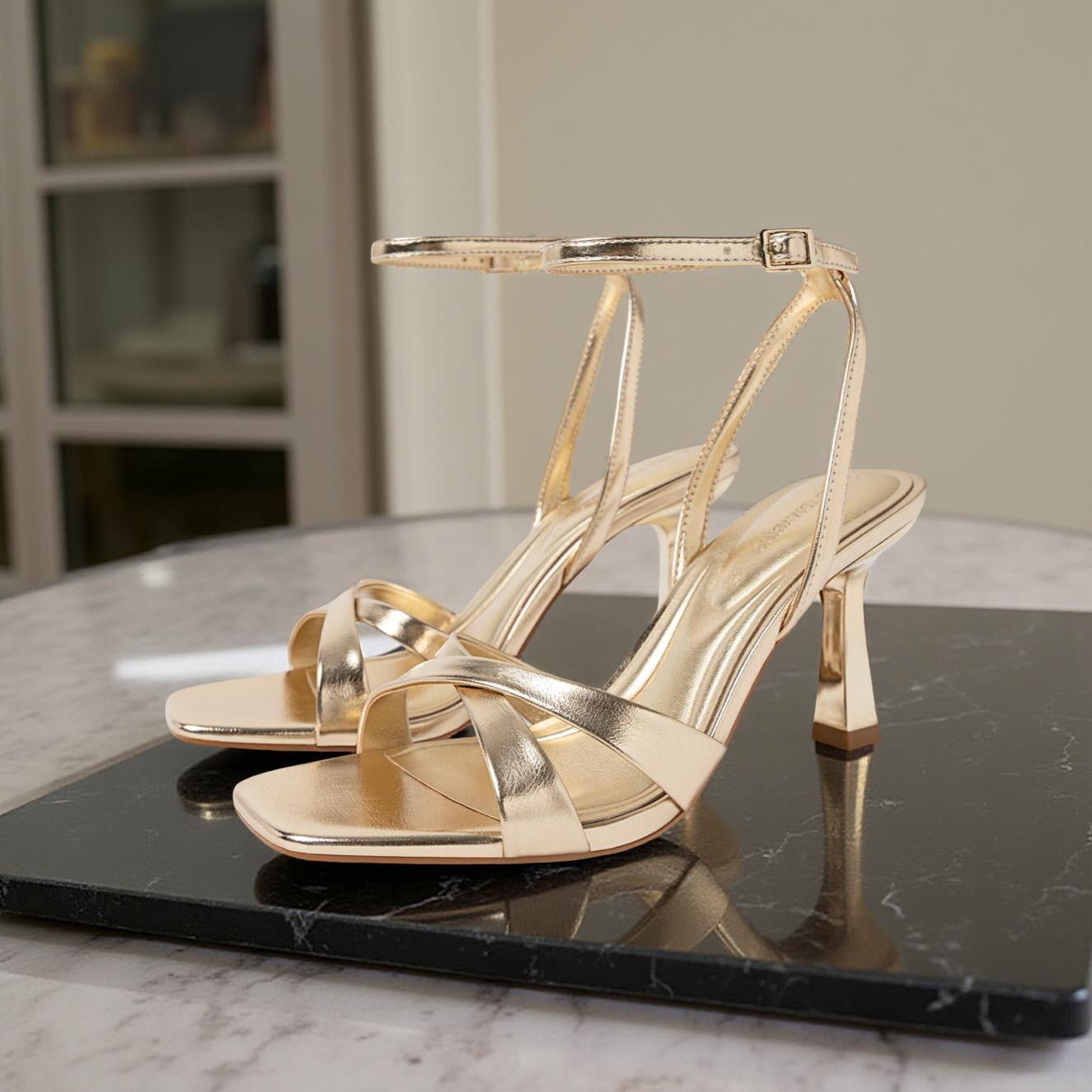 Stradivarius Cross Strap Heeled Sandal in Gold