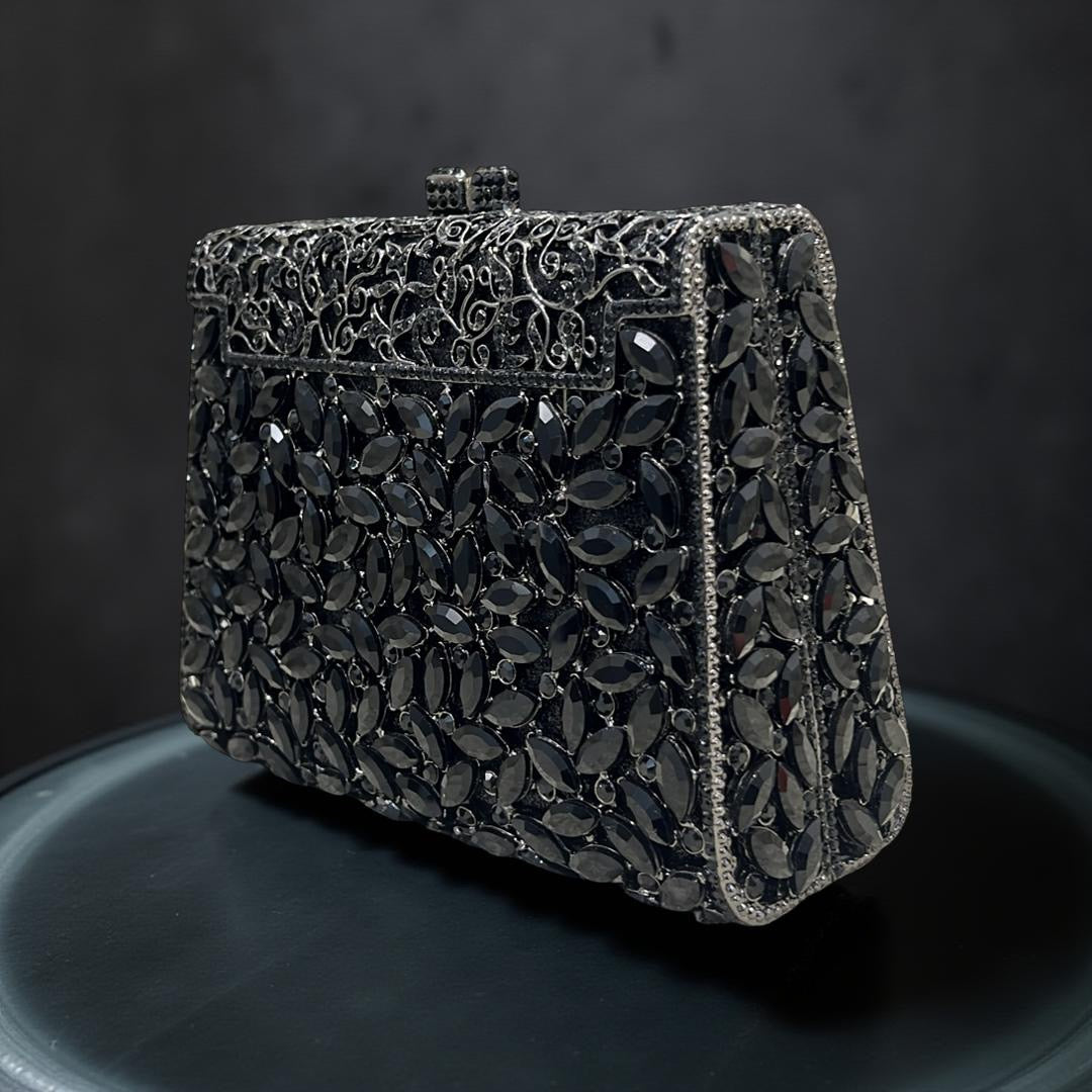 Milan Luxe Clutch Structured Party Purse with Stones in Black