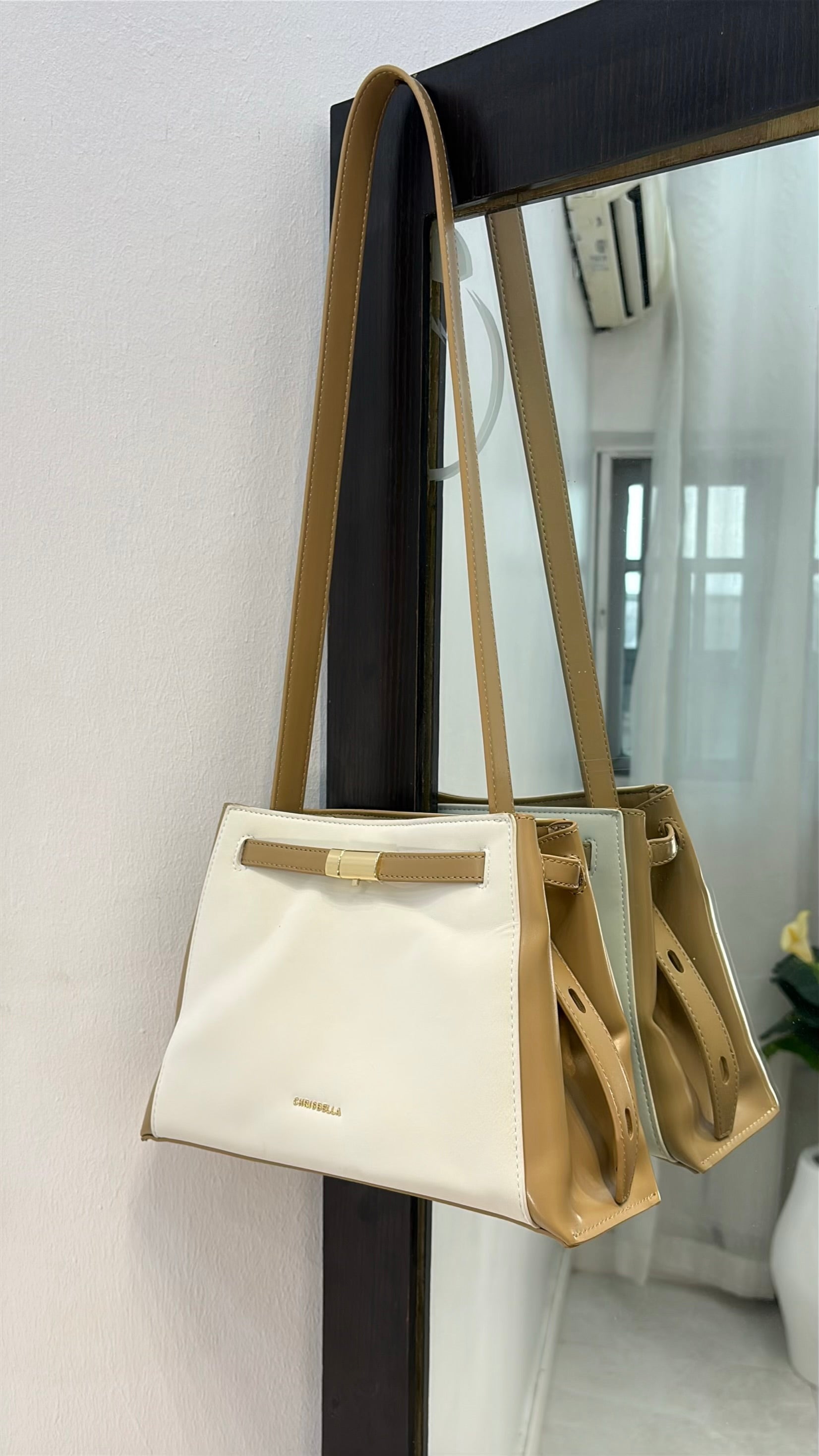 Chrisbella Top Handle Contrast Leather Bag in Nude & White