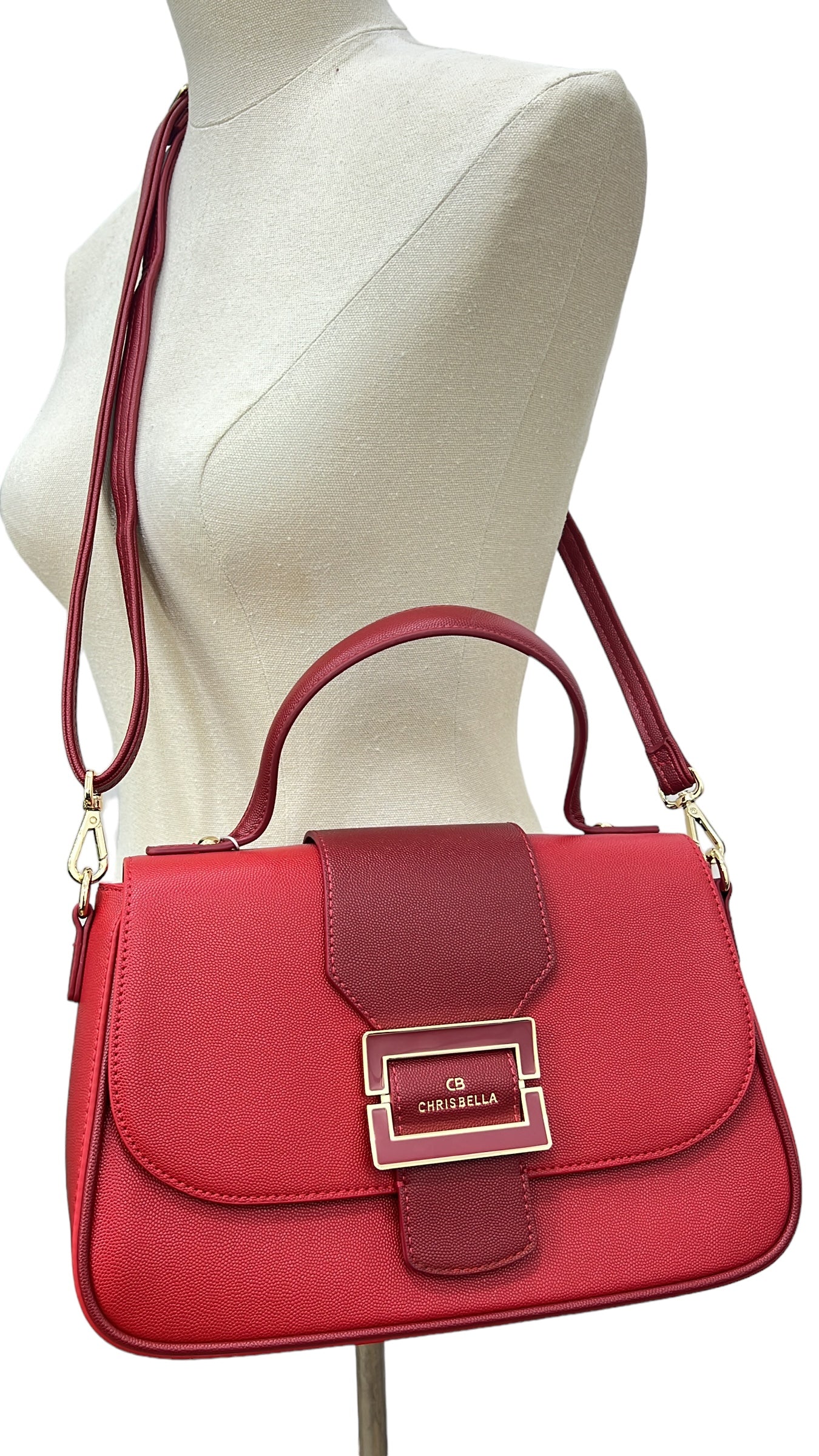 CHRISBELLA TEXTURED BUCKLE DETAIL TWO-TONE BAG IN RED