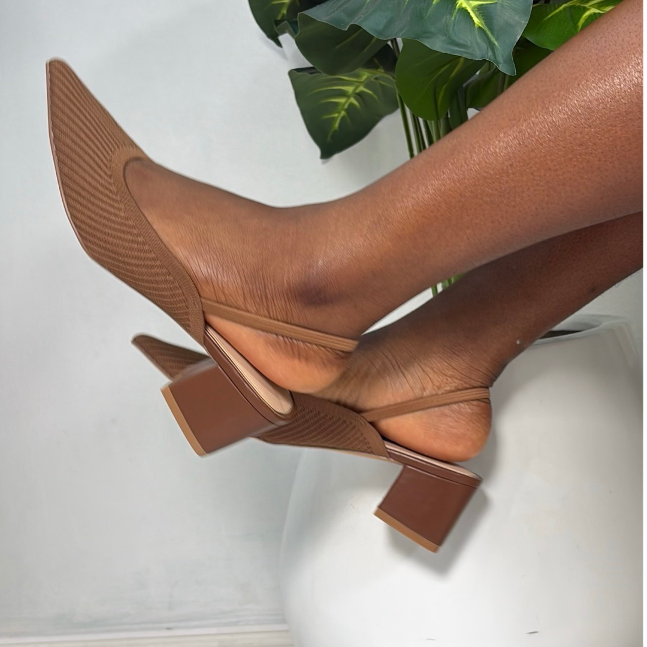 Milano Elastic Slingback Block Heel Shoes in Brown