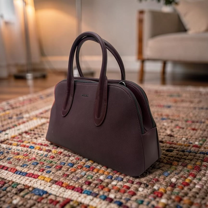 Chrisbella Double Comparment Matte Leather Bag in Burgundy