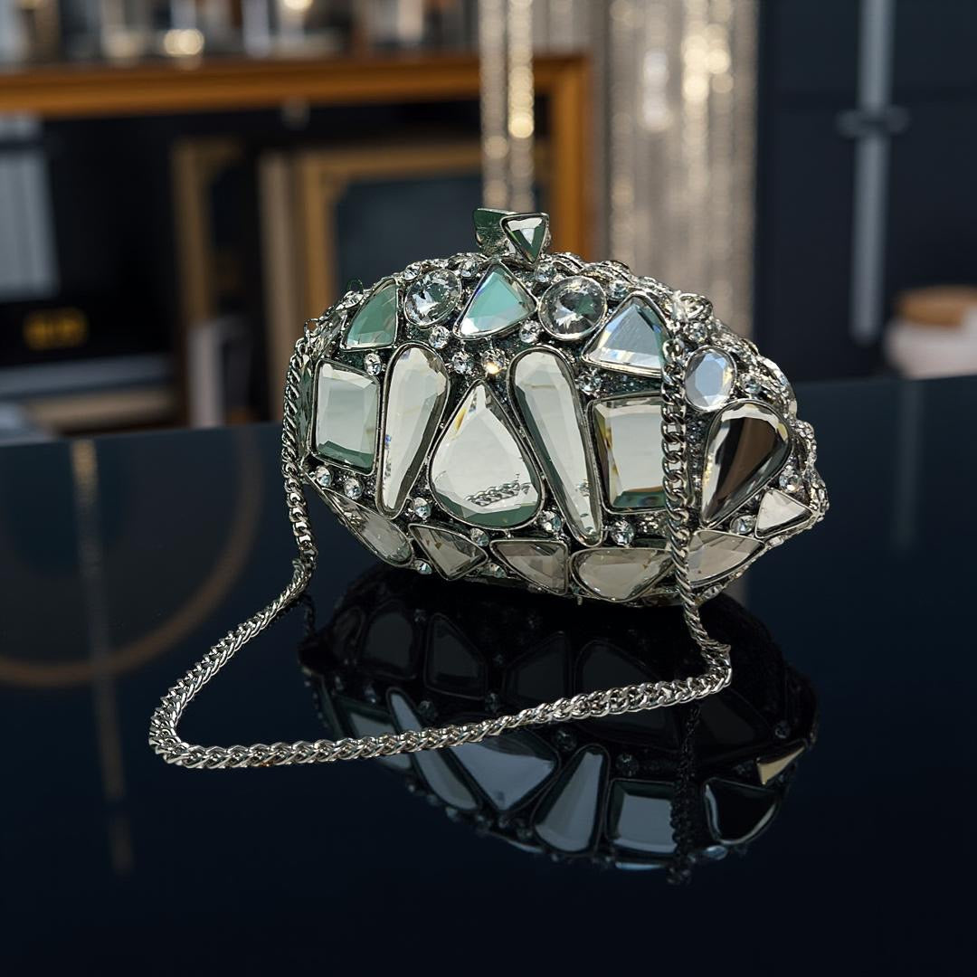 Valencia Structured Clutch Party Purse with Stones in Silver