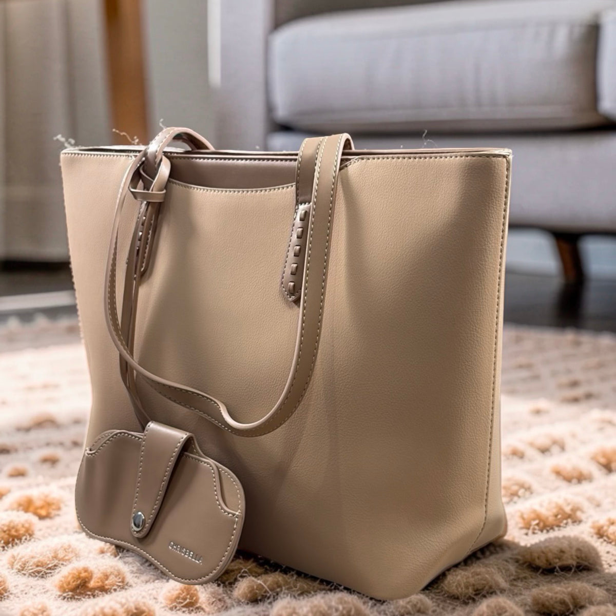 Chrisbella Large Leather Sunglasses Charm Detail Bag in Beige