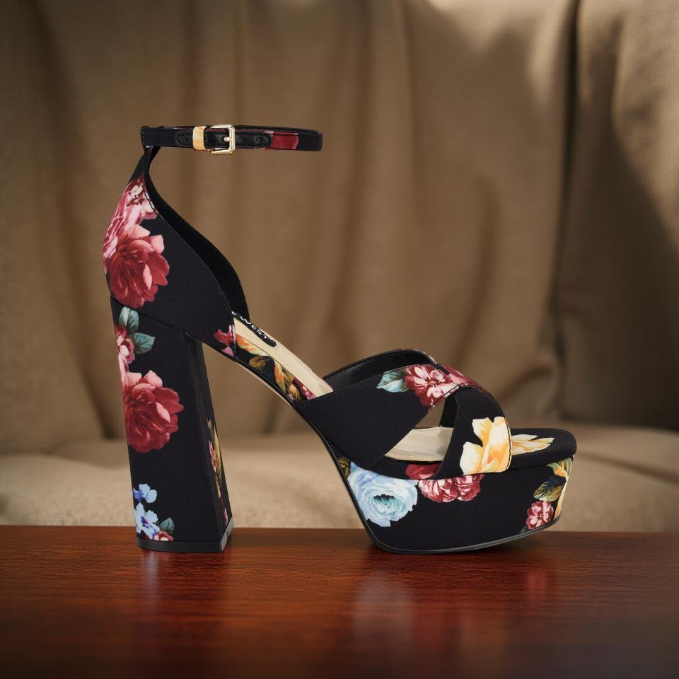 Nine West Floral Platform Block Heel Sandal in Black