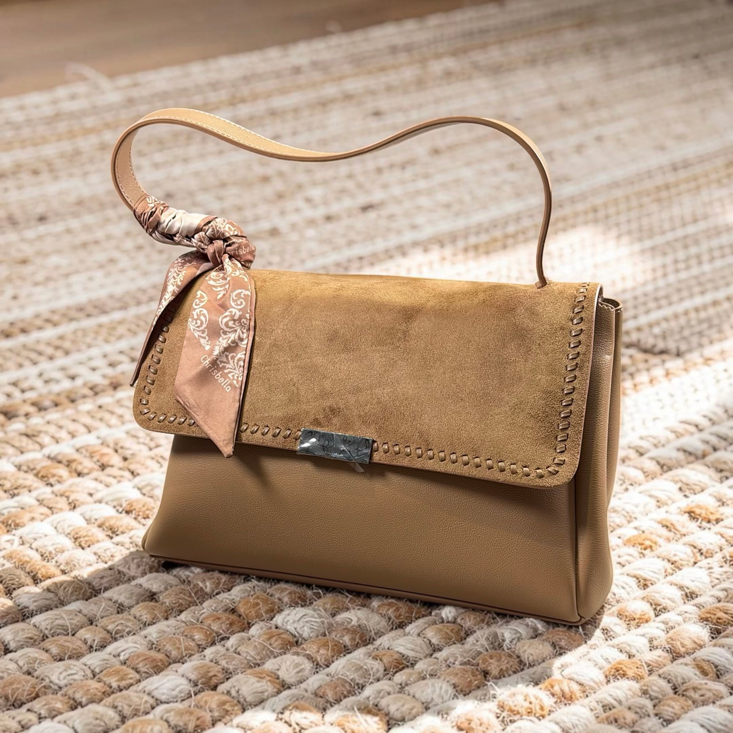 Chrisbella Suede Flap Single Shoulder Strap Bag in Beige