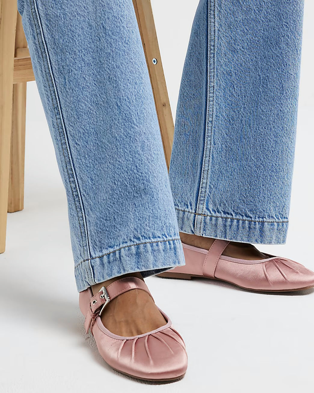 River Island Square Toe Satin-Finish Maryjane Flats in Black