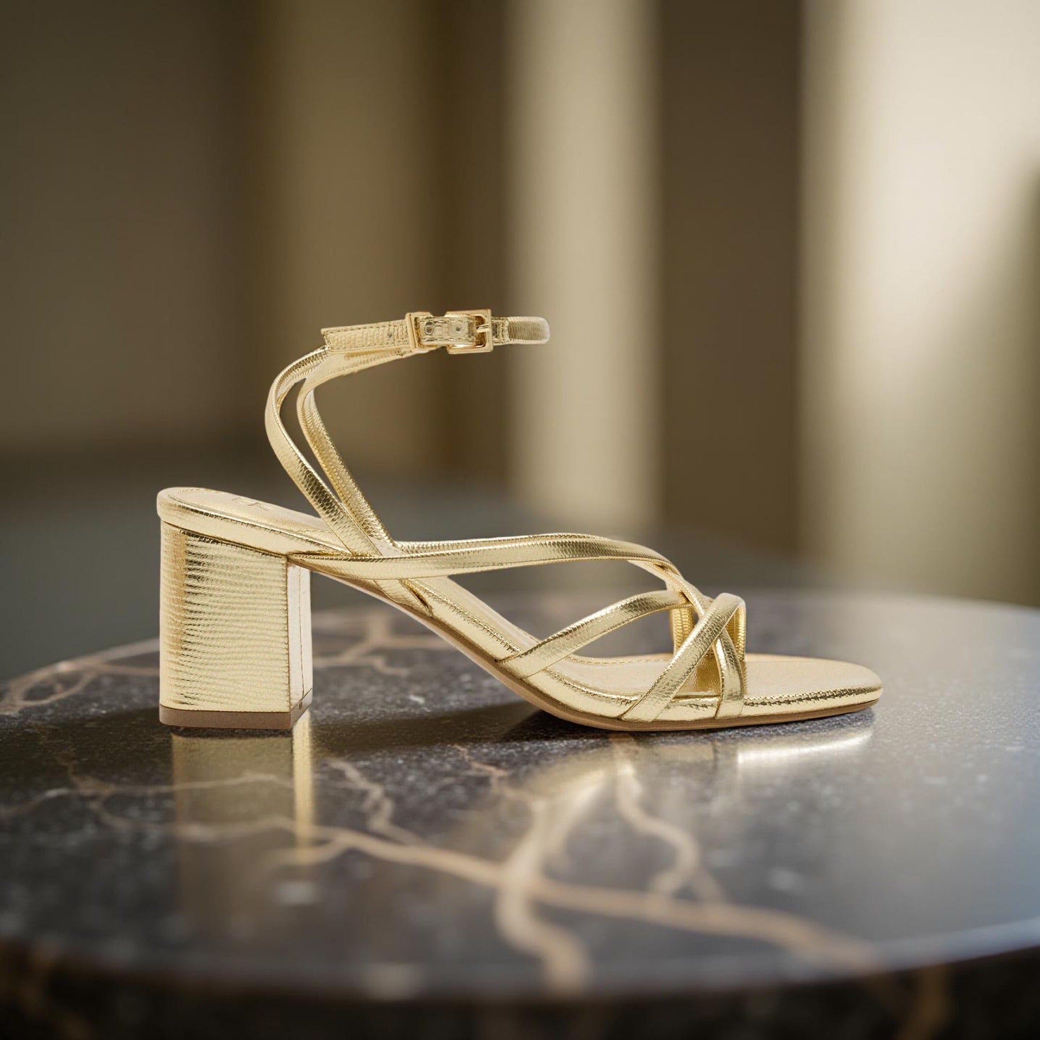 Parfois Ankle Strap Block Heel Sandal in Gold