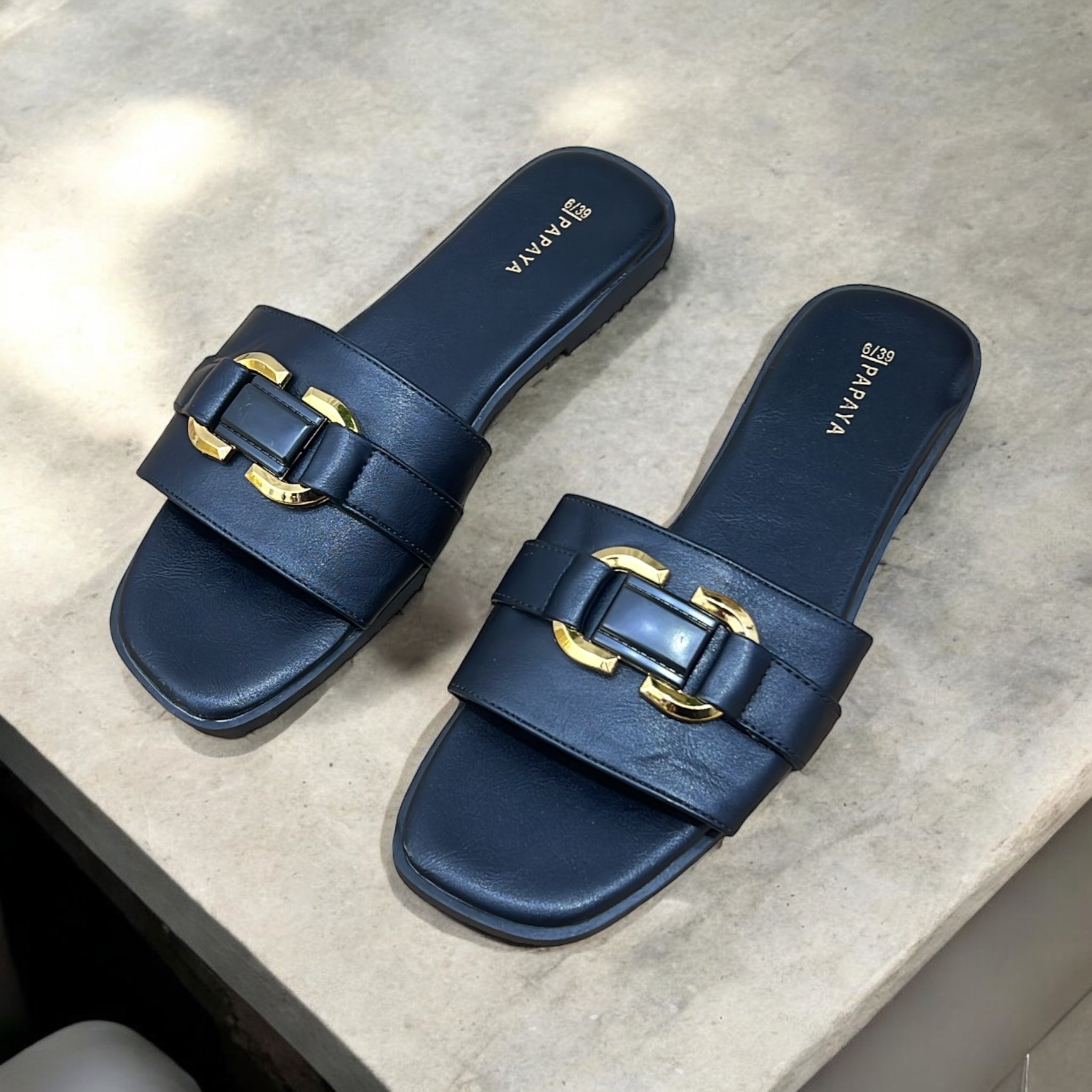 PAPAYA GOLD-TONE HARDWARE DETAIL SLIDE IN BLACK