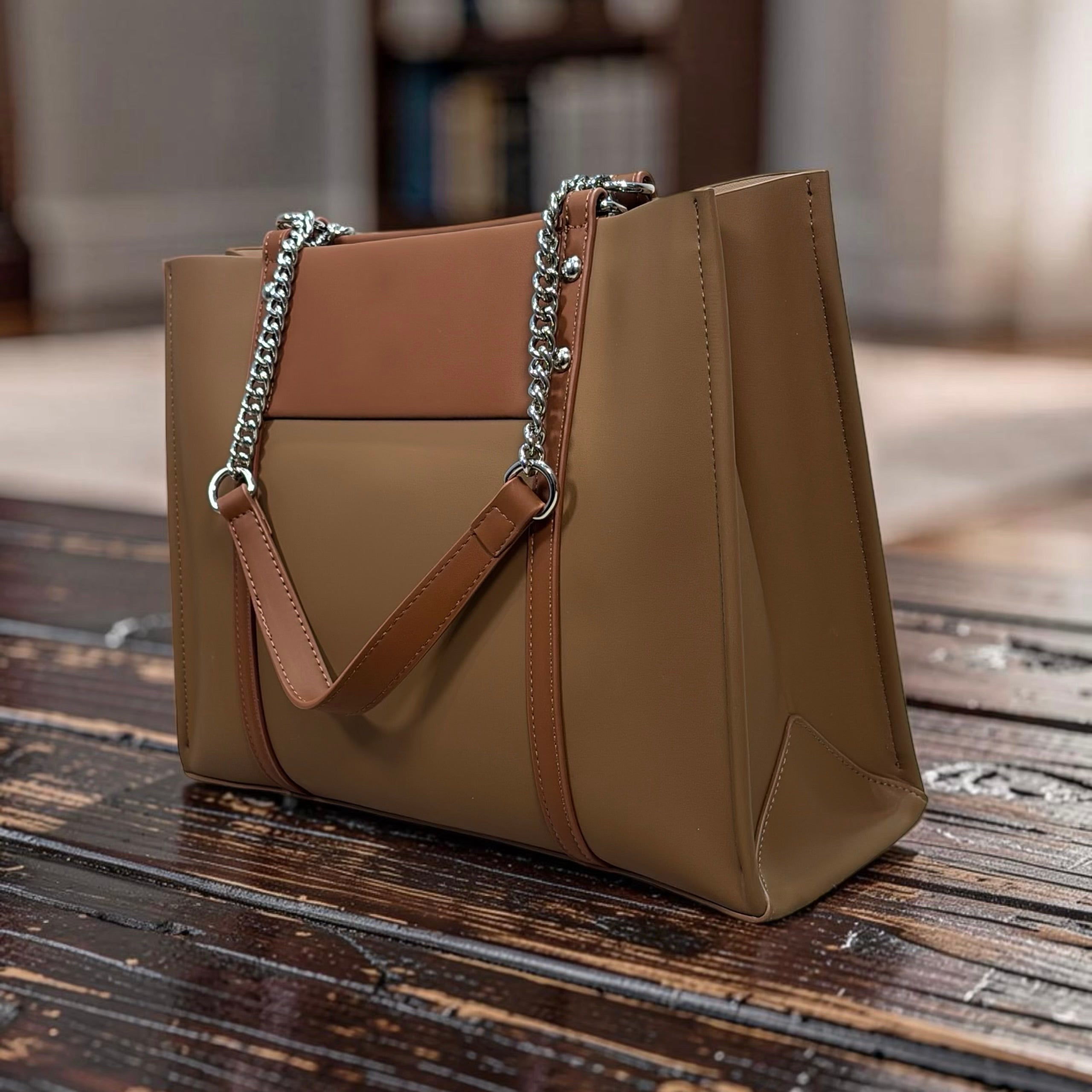Chrisbella Two-Tone Chain Handle Bag in Brown