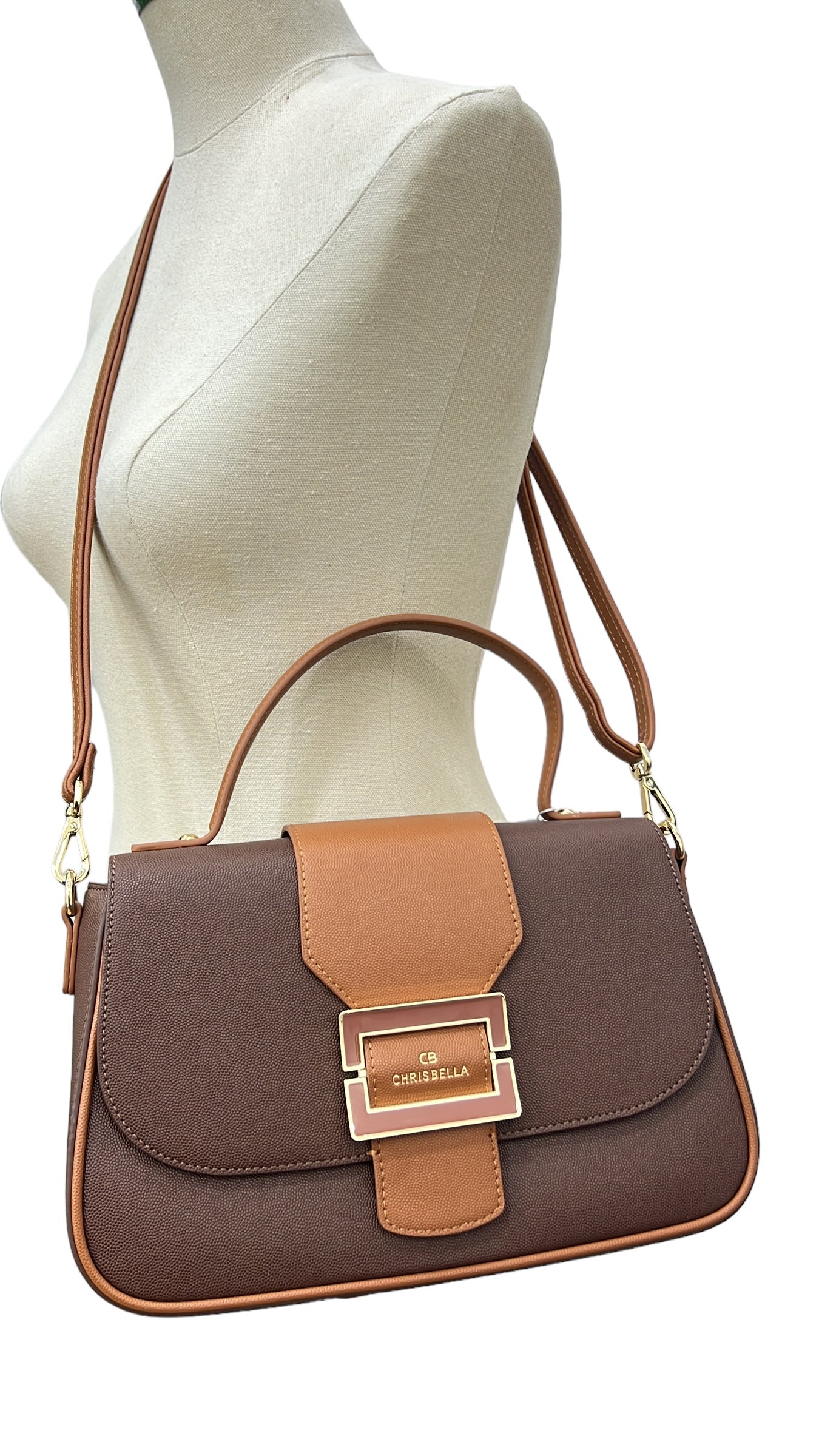 CHRISBELLA TEXTURED BUCKLE DETAIL TWO-TONE BAG IN COFFEE