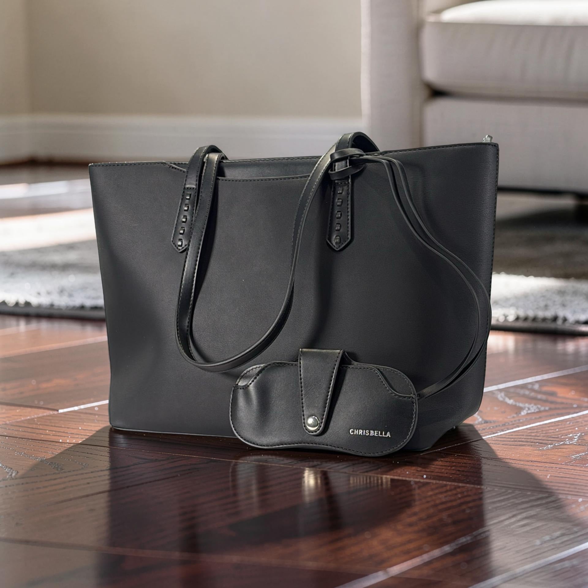 Chrisbella Large Leather Sunglasses Charm Detail Bag in Black