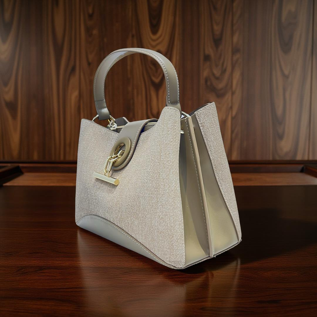 Chrisbella Contrast Leather Triple Compartment Bag in Beige