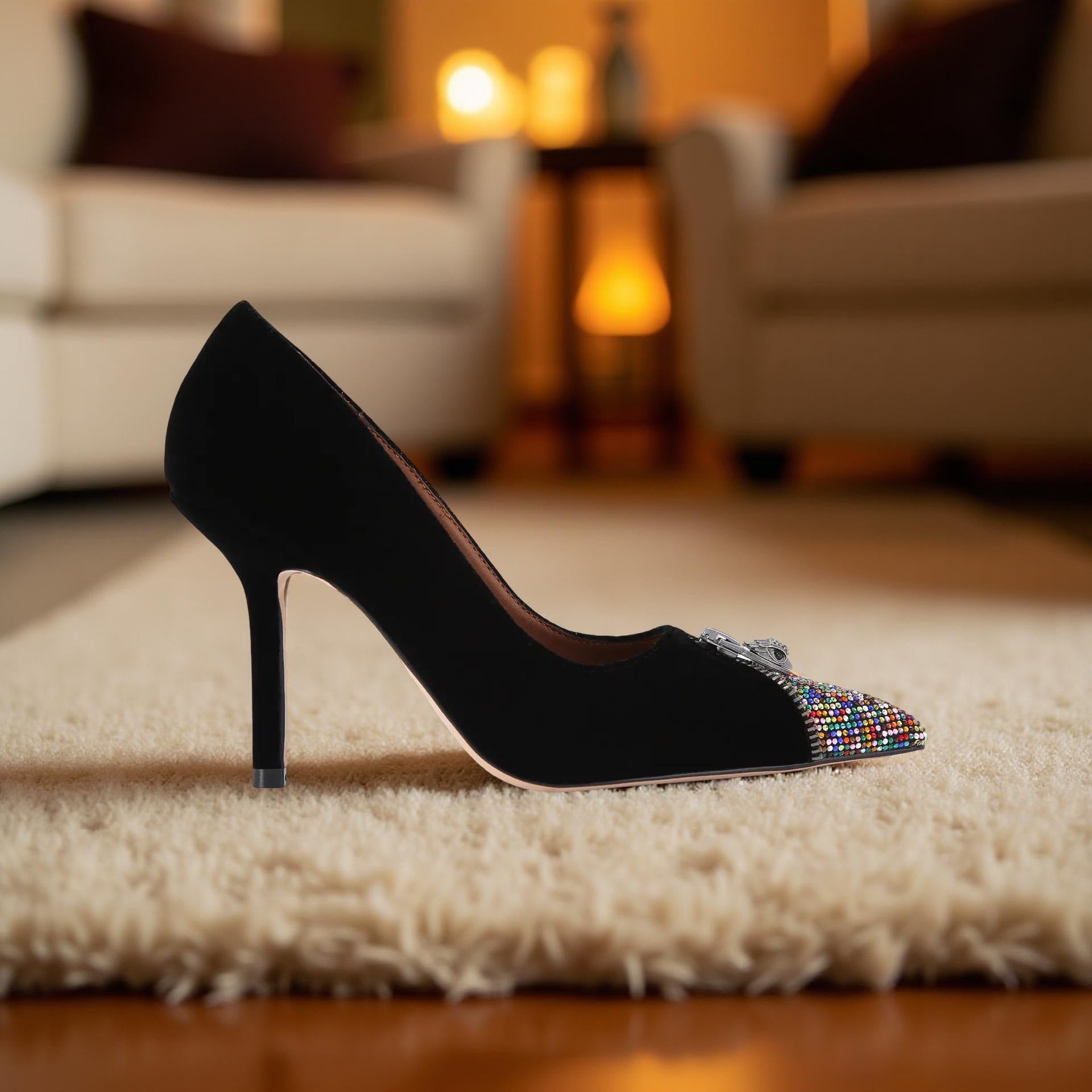 Kurt Geiger Velvet Zip Court Heel With Multi Toe in Black