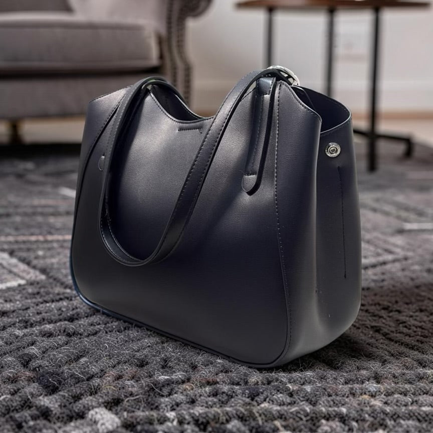 Chrisbella Leather Textured Fabric Contrast Bag in Black